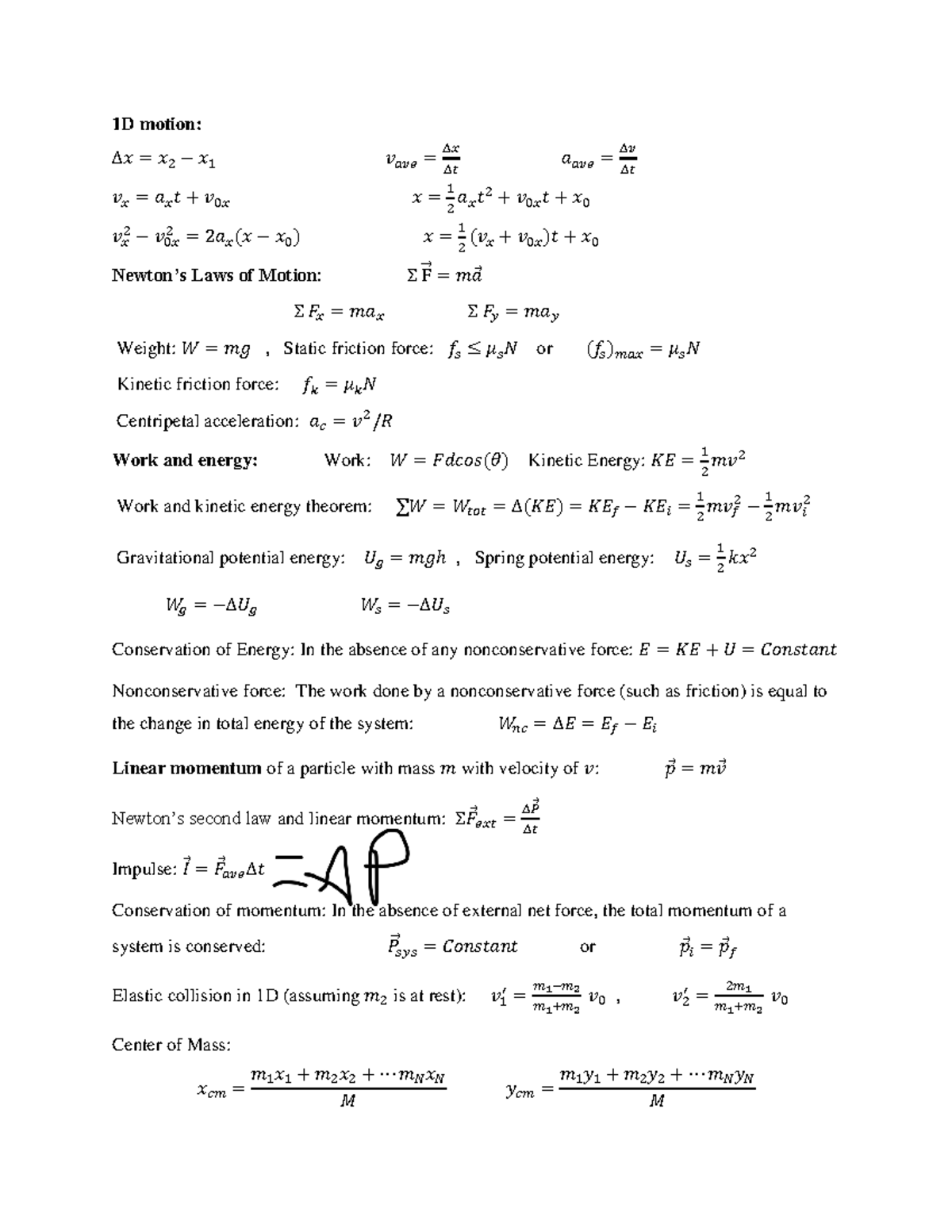 PHY 101 - 1D Motion & Newton's Laws Formula Sheet - Studocu