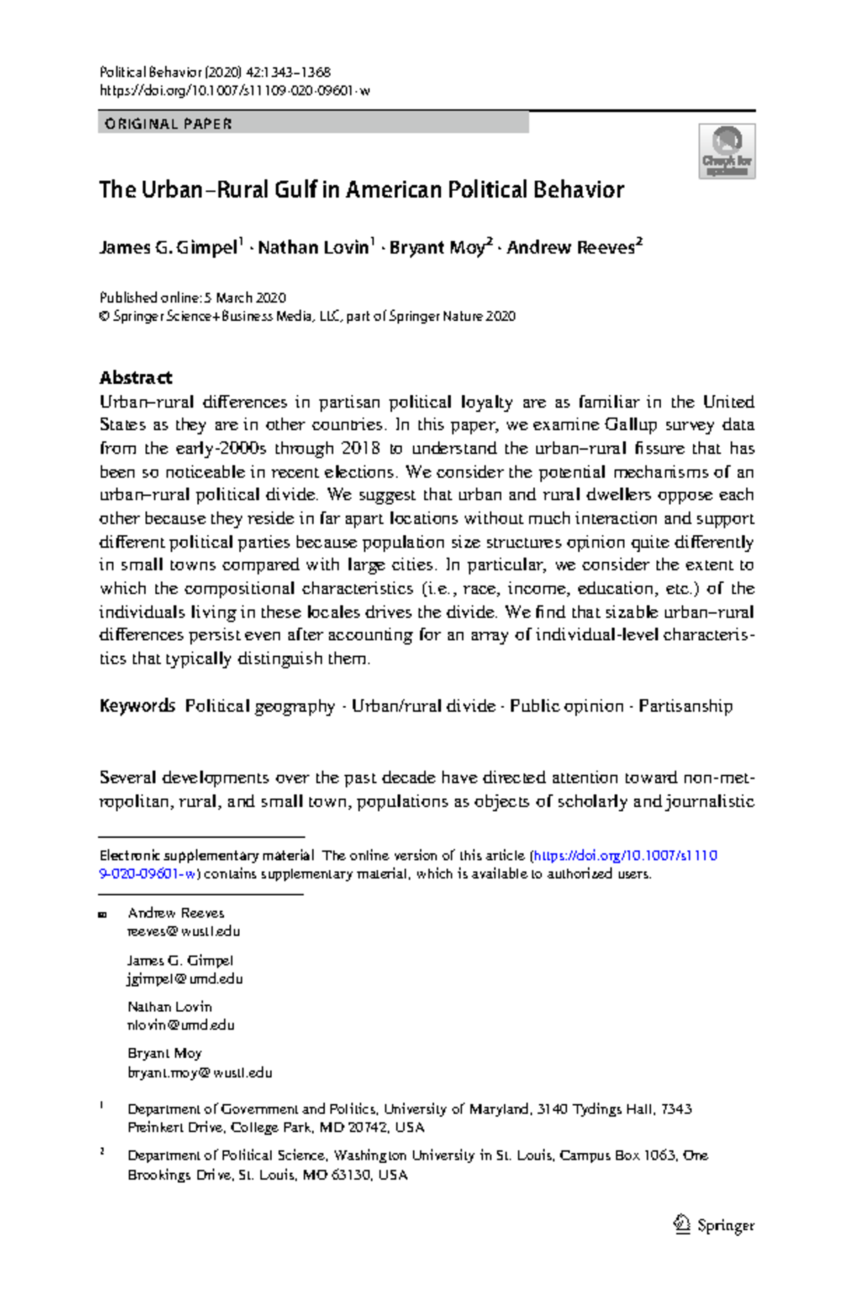 The Urban-Rural Divide in American Political Behavior Analysis (POLS ...