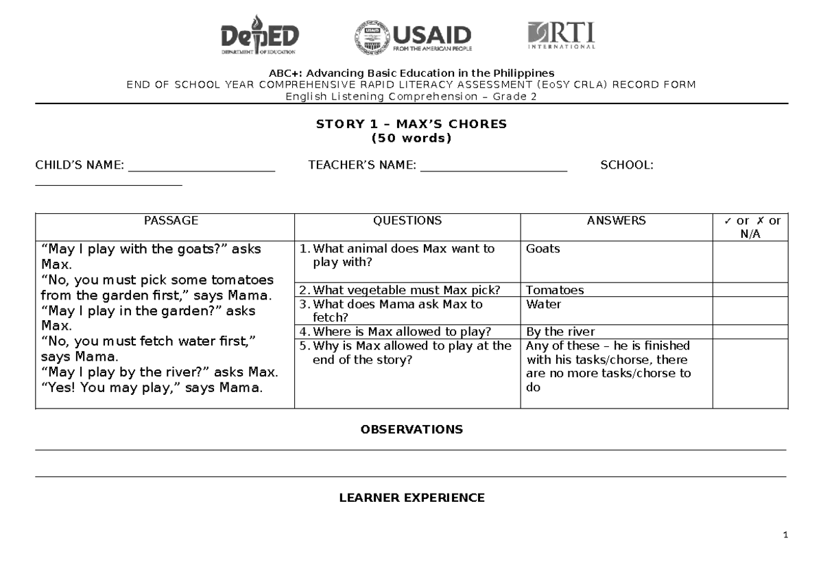 EoSY CRLA Record Form: English Listening Comprehension Grade 2 - Studocu
