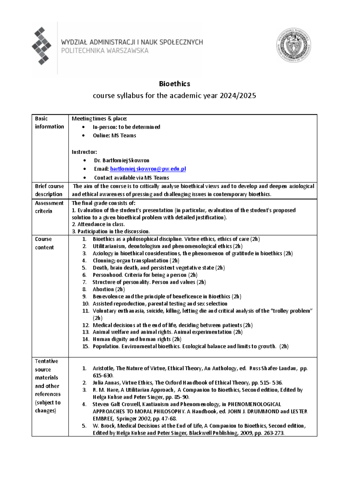 Bioethics (BIO101) - Course Syllabus 2024-2025 - Studocu