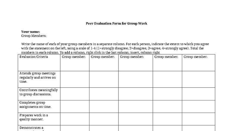 HSM Peer Evaluation Form for Group Work Assessment - Studocu