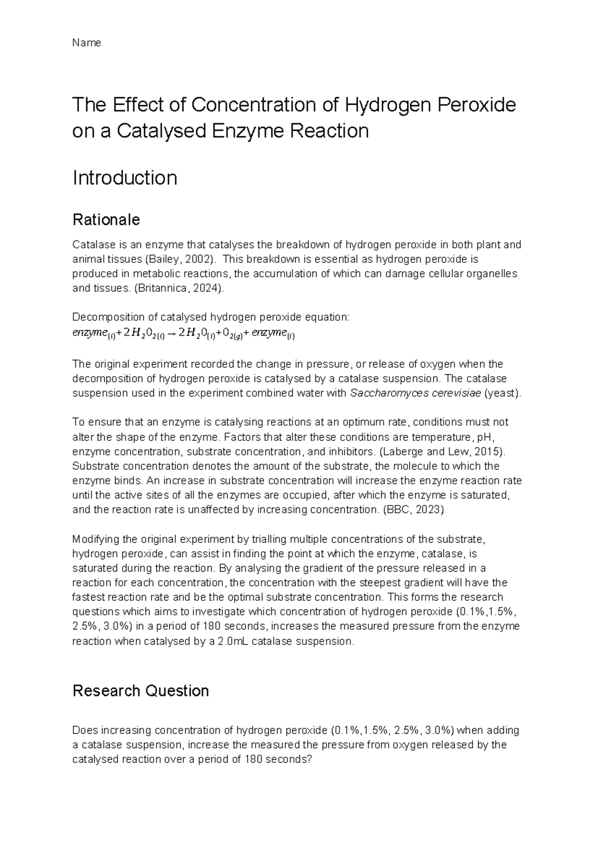 Biology FA2: Effect of Hydrogen Peroxide Concentration on Catalase ...