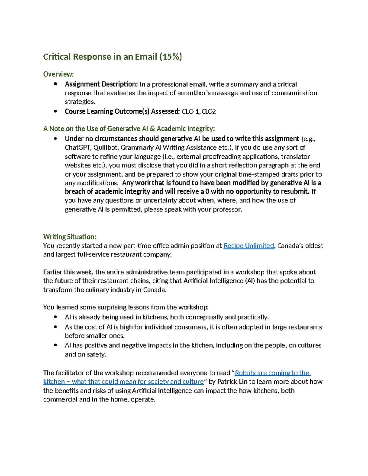 COMM2000 Email F24 - Critical Response in an Email (15%) Overview ...