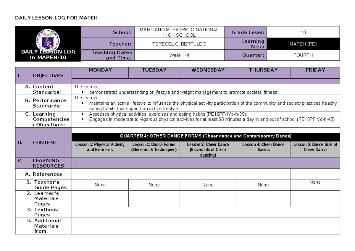 DAILY LESSON LOG FOR MAPEH 10 PE - Quarter 4: Dance Forms & Fitness ...