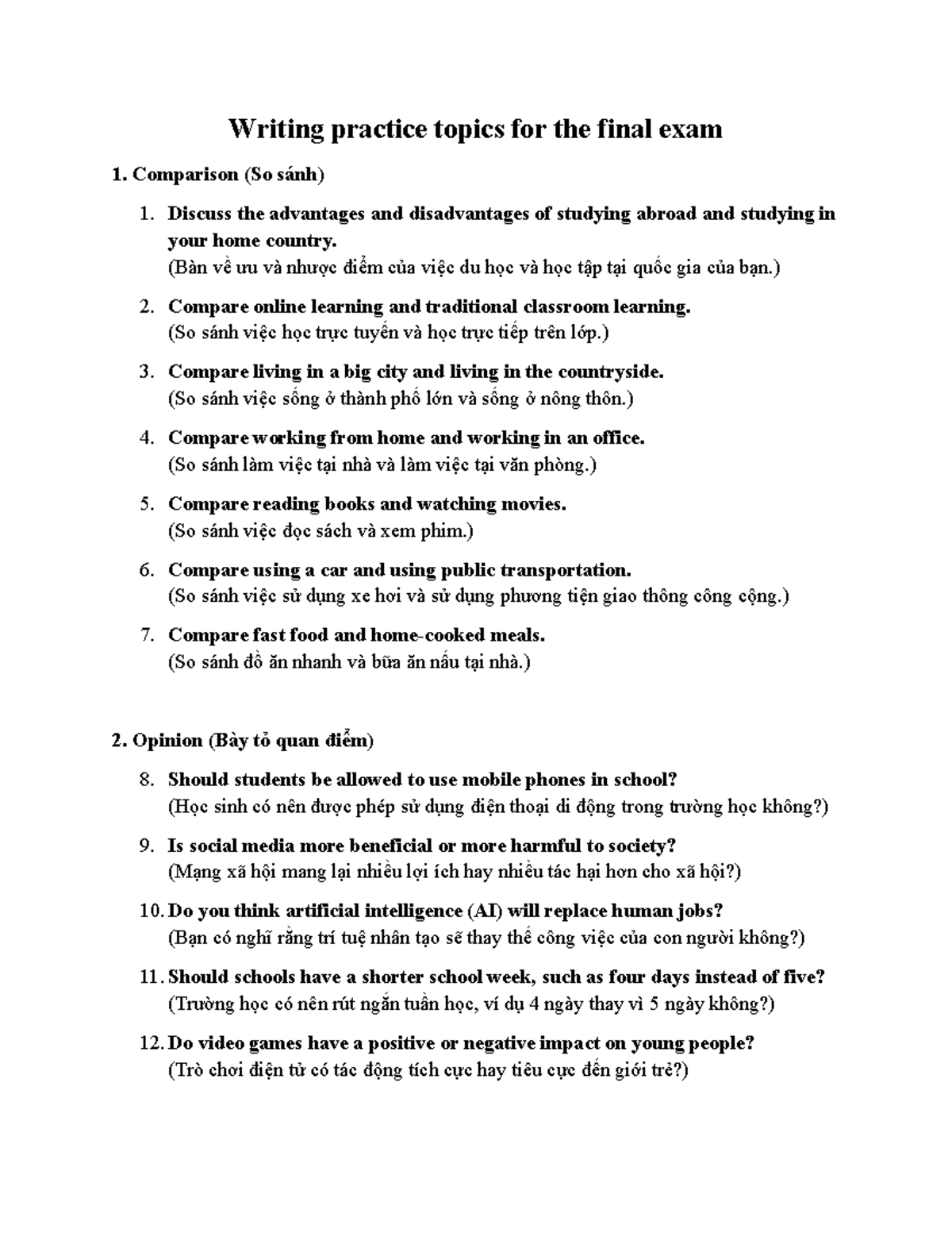 Writing Practice Topics for Final Exam: Comparison, Opinion, Problem ...