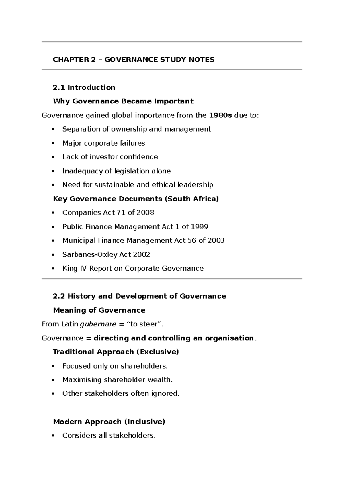 IAU CHAPTER 2 GOVERNANCE STUDY NOTES: Key Concepts & Exam Focus - Studocu