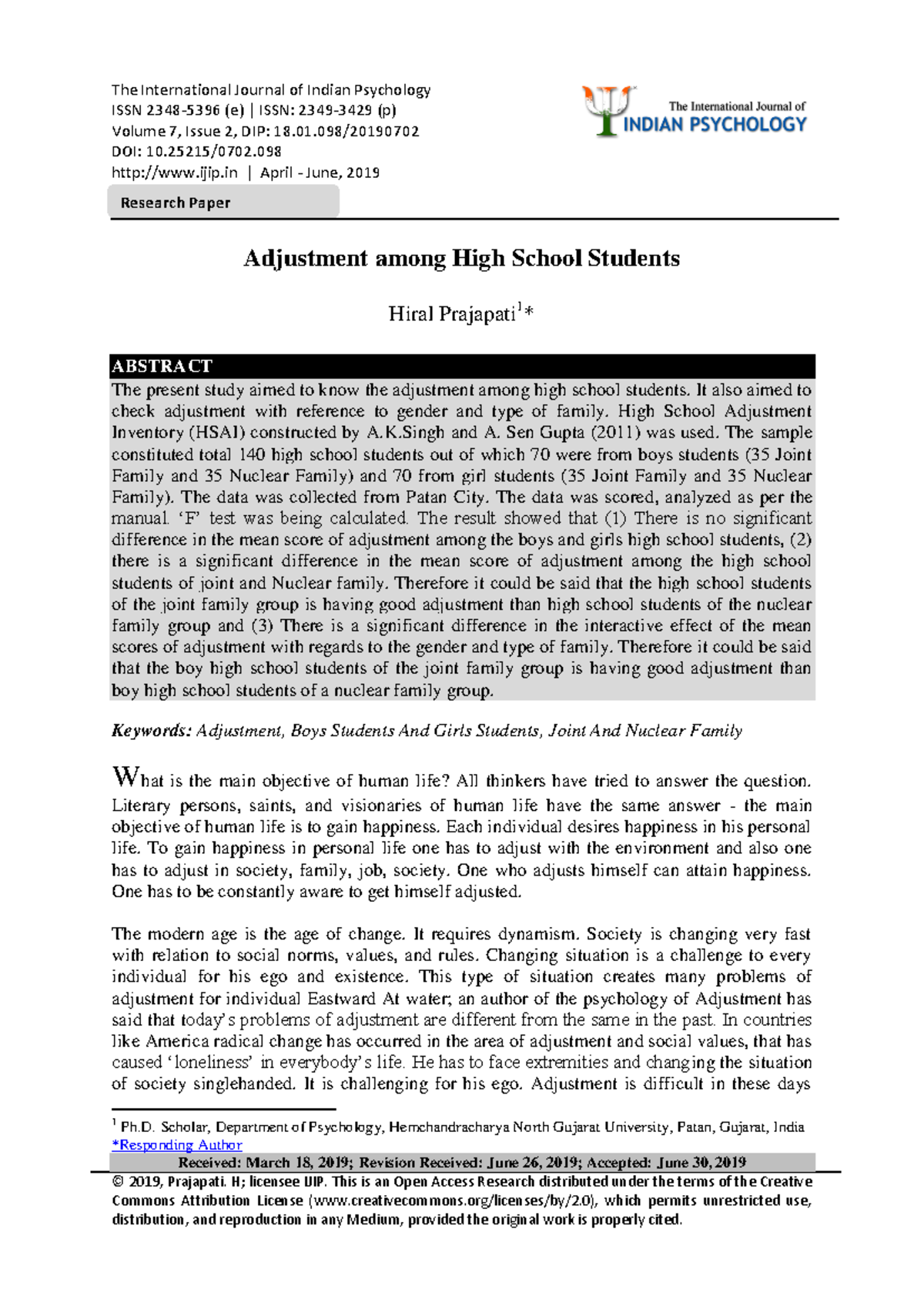 Adjustment Among High School Students: A Comparative Study on Family ...