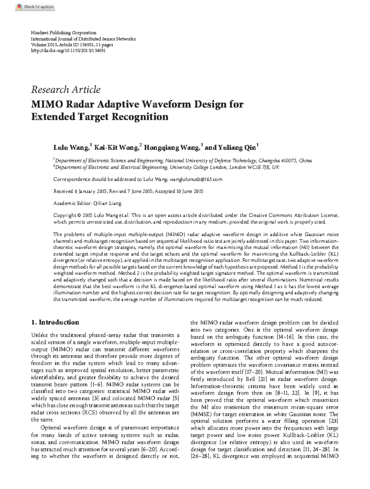 MIMO Radar Adaptive Waveform Design for - Research Article MIMO Radar ...