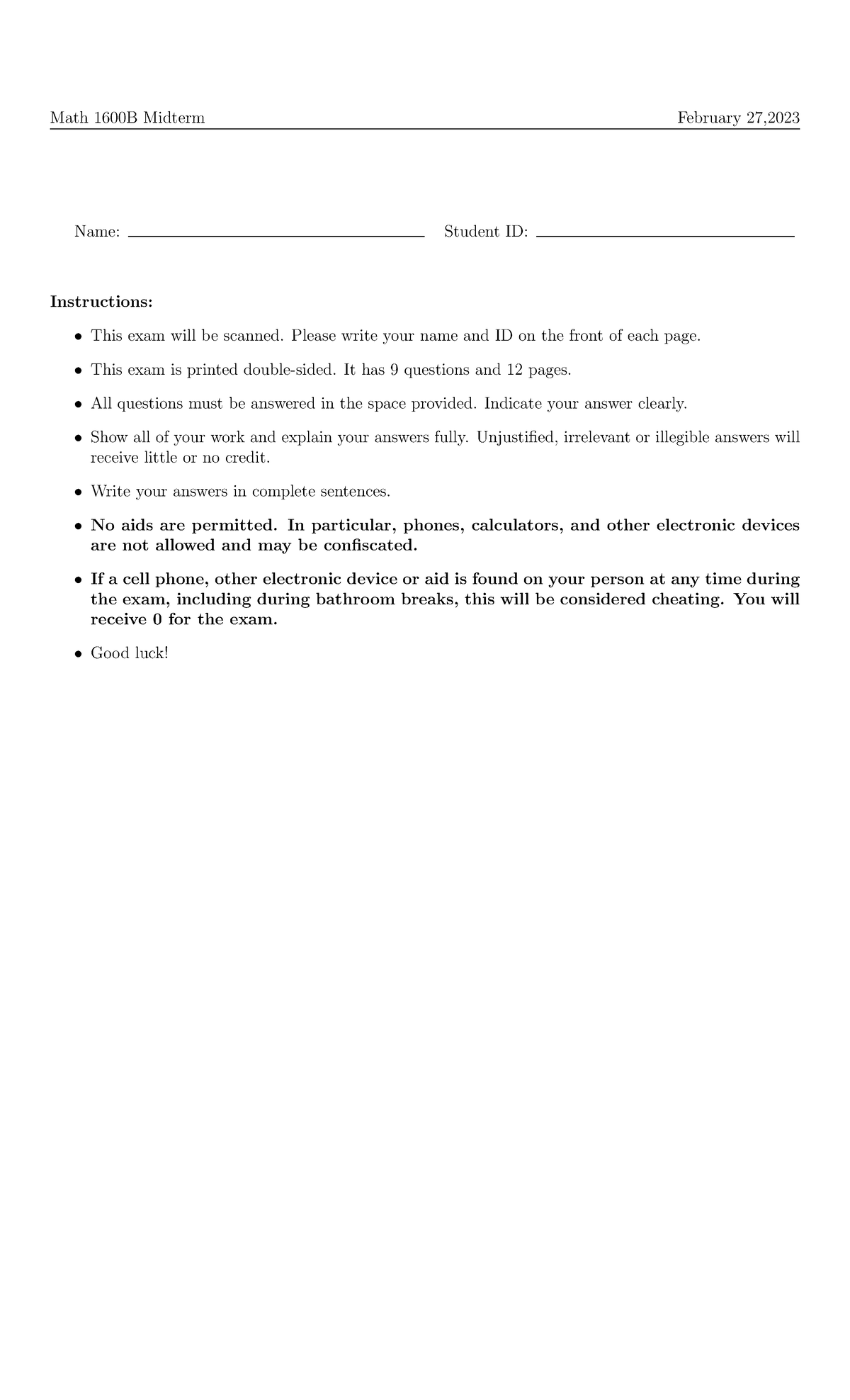 Math 1600B Midterm Exam Instructions & Questions - Feb 27, 2023 - Studocu