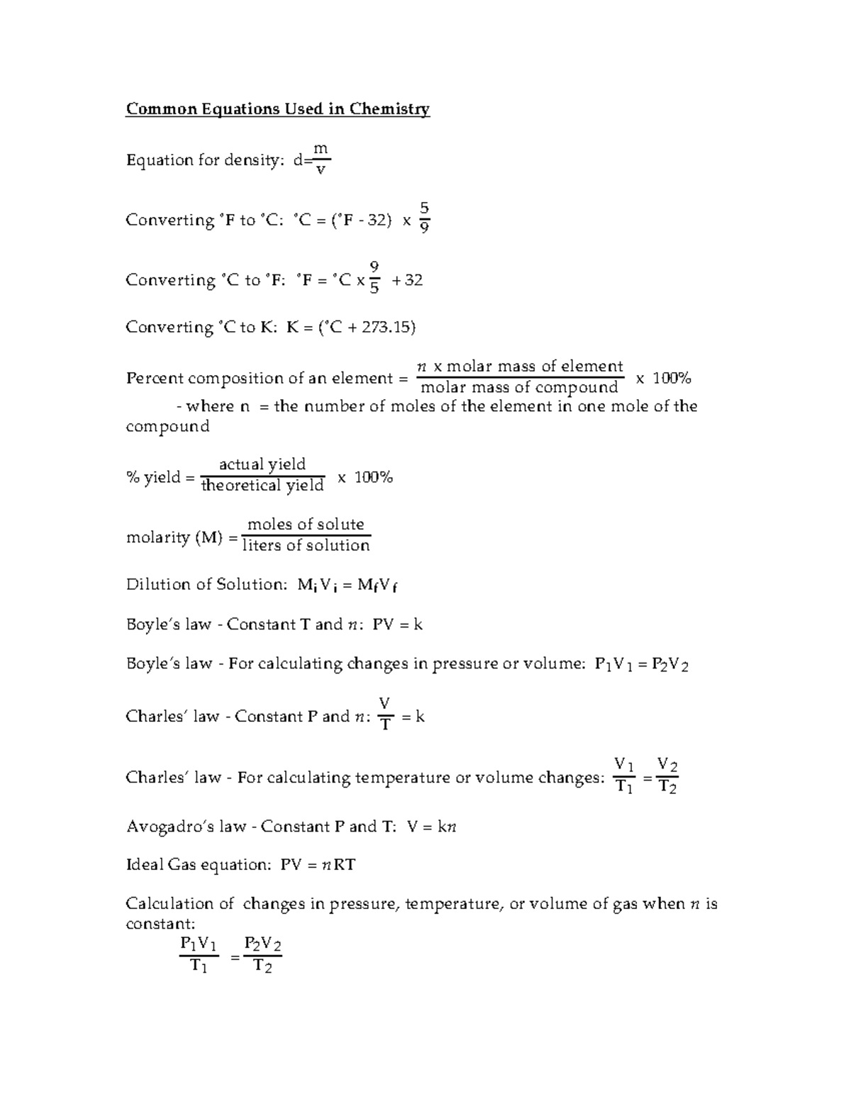 Common Chemistry Equations: Key Formulas and Concepts - Studocu