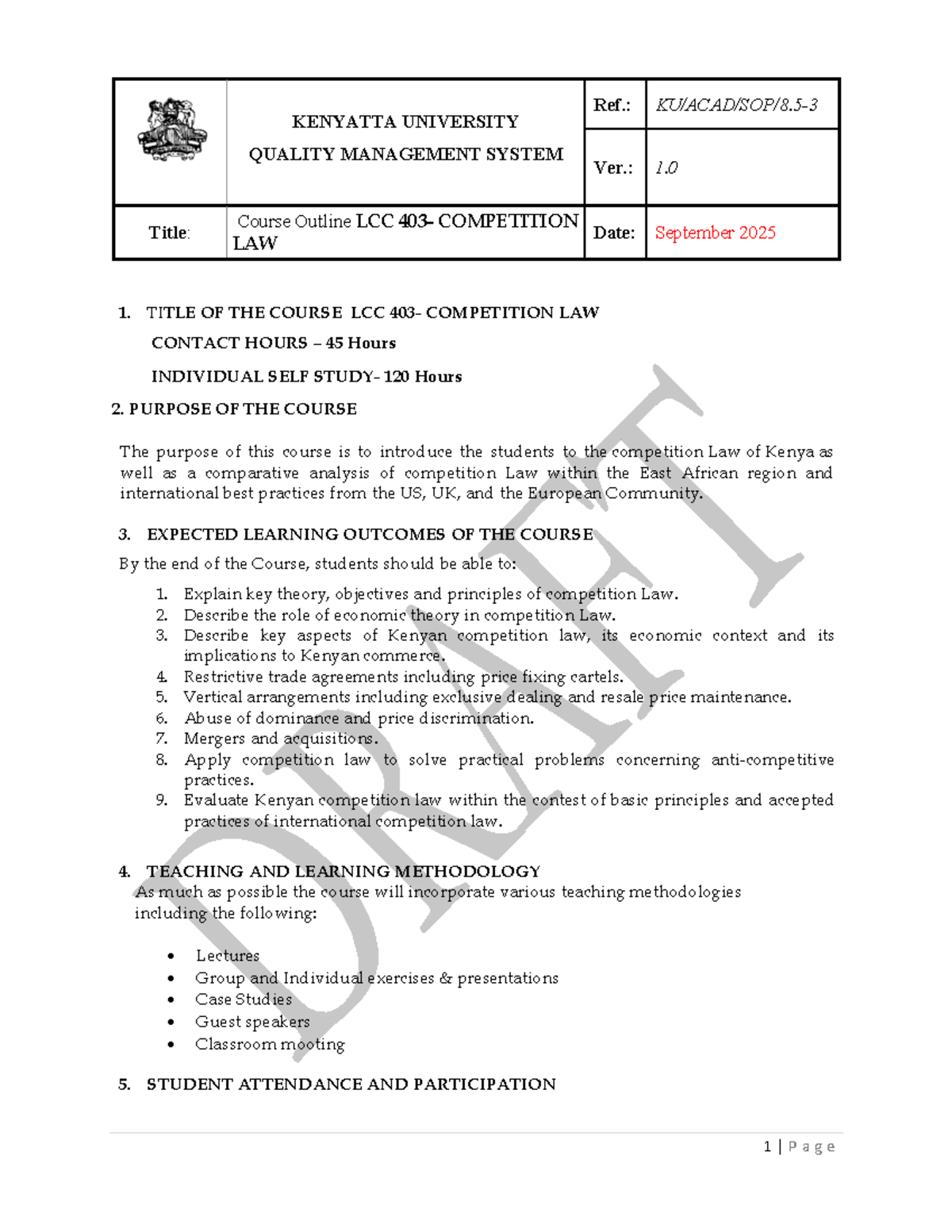 LCC 2025 Competition Law Course Outline - Kenyatta University - Studocu