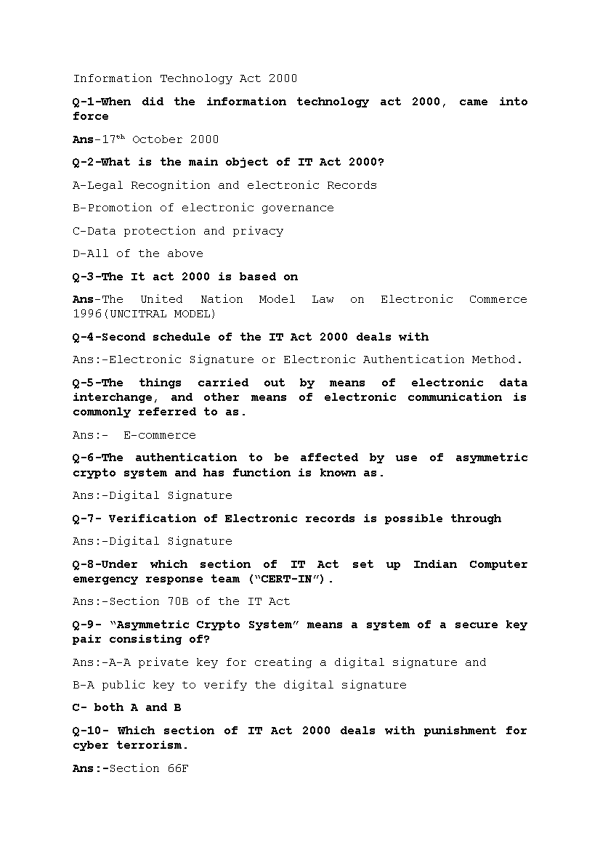 Information Technology Act 2000: Comprehensive Q&A Overview - Studocu