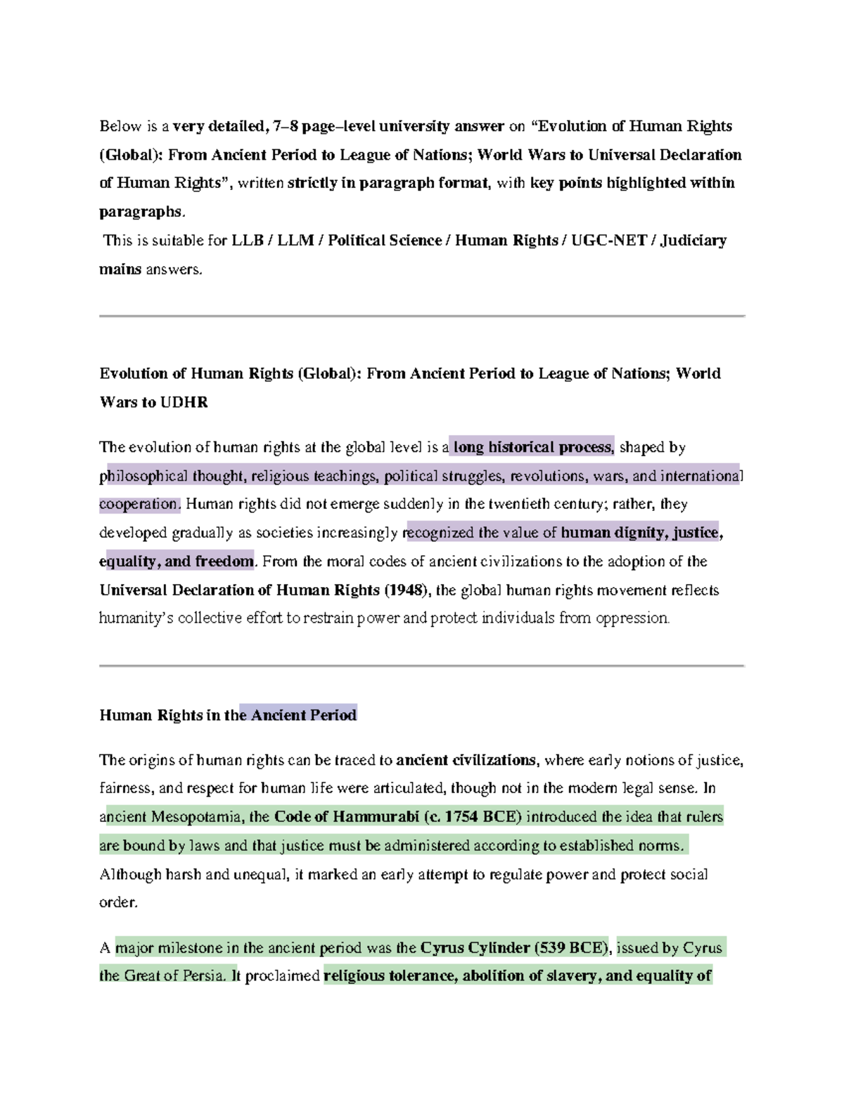 Evolution of Human Rights (Global): From Ancient Times to UDHR - Studocu