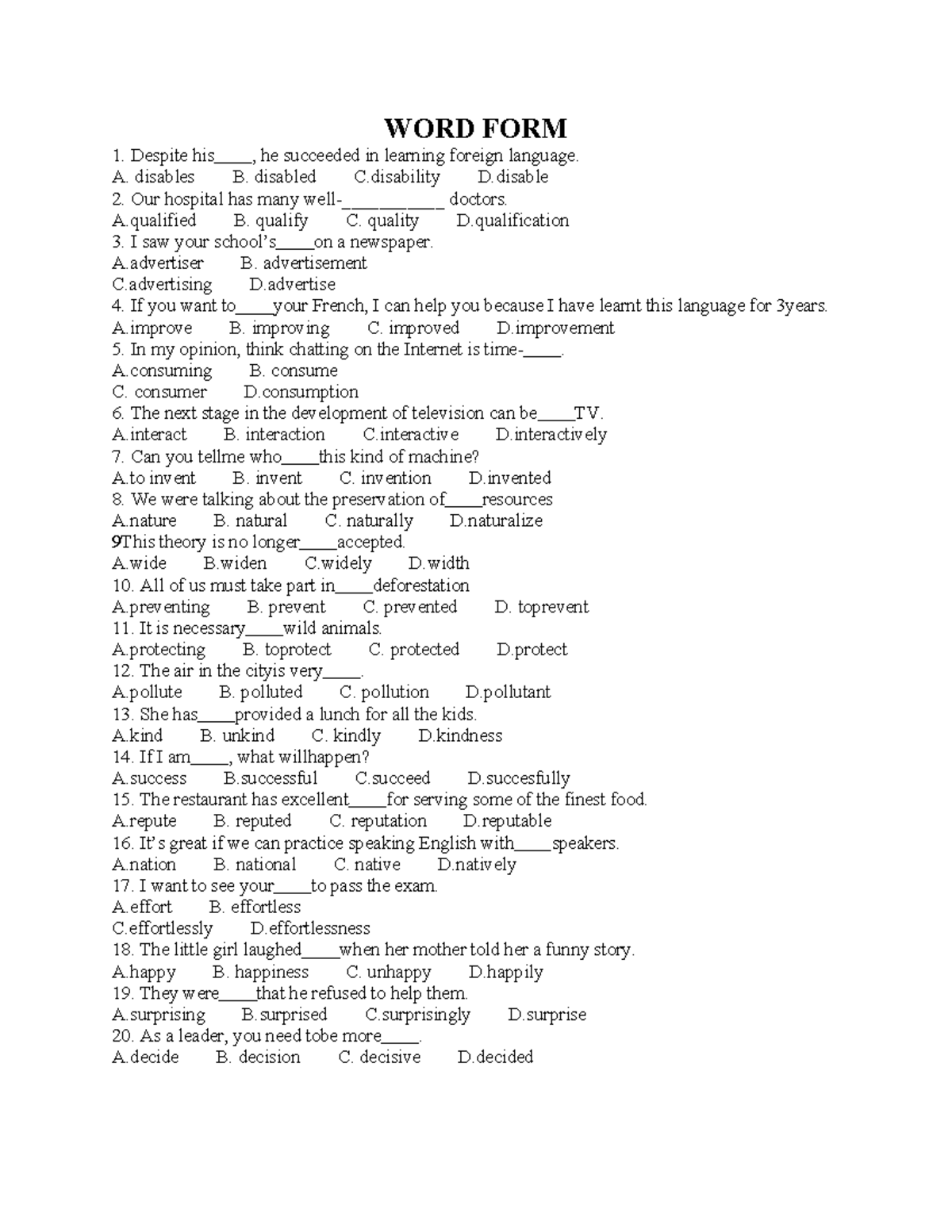 WORD FORM Practice Questions - 12435 - Studocu