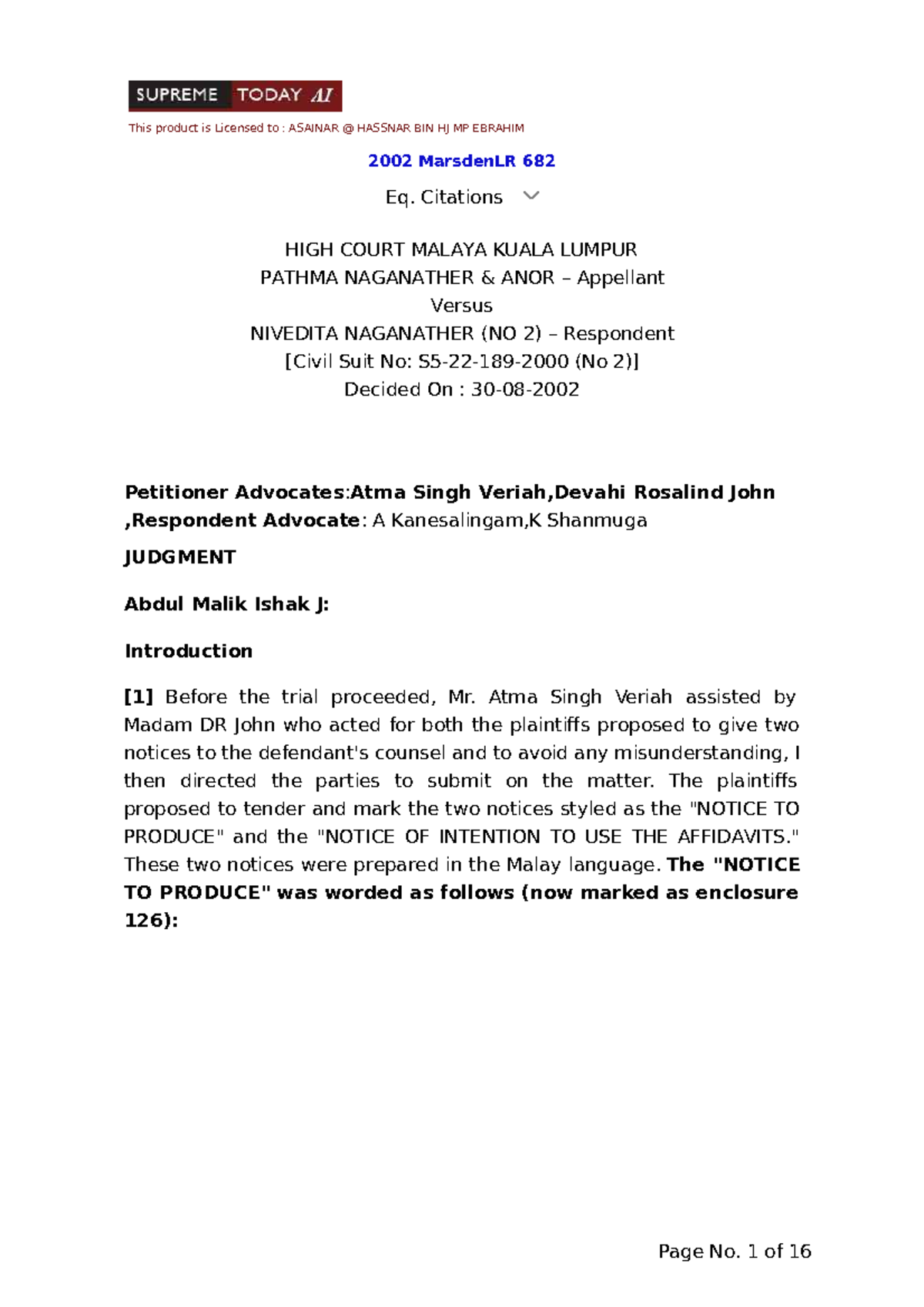 Case Study: Pathma Naganather ANOR vs Nivedita Naganather NO 2 (2002 ...
