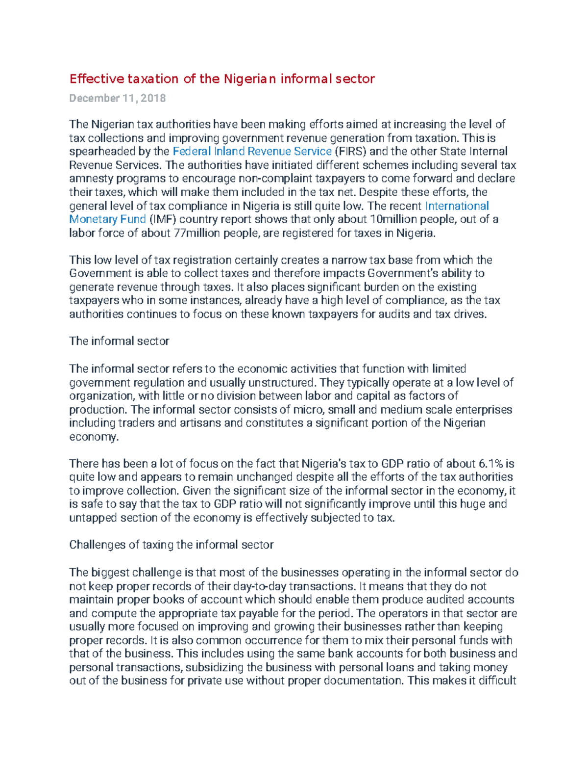 Taxation of the Informal Sector in Nigeria: Challenges and Solutions ...