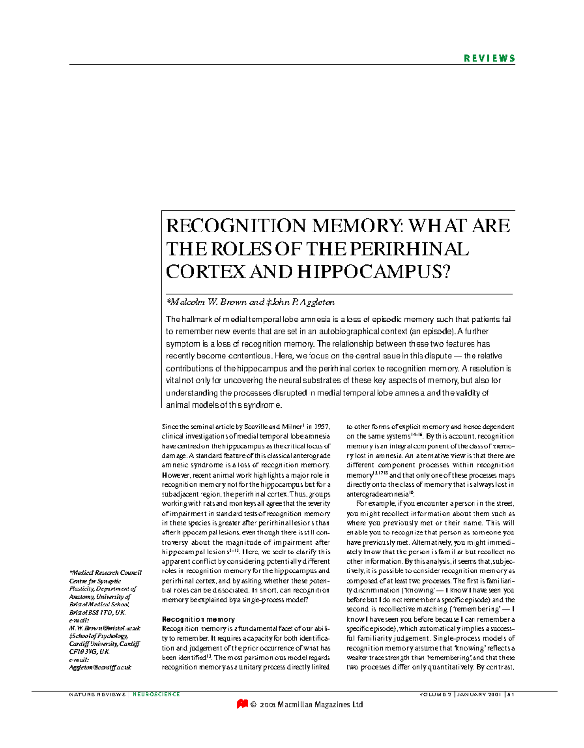 Understanding Recognition Memory: Neural Mechanisms and Contributions ...