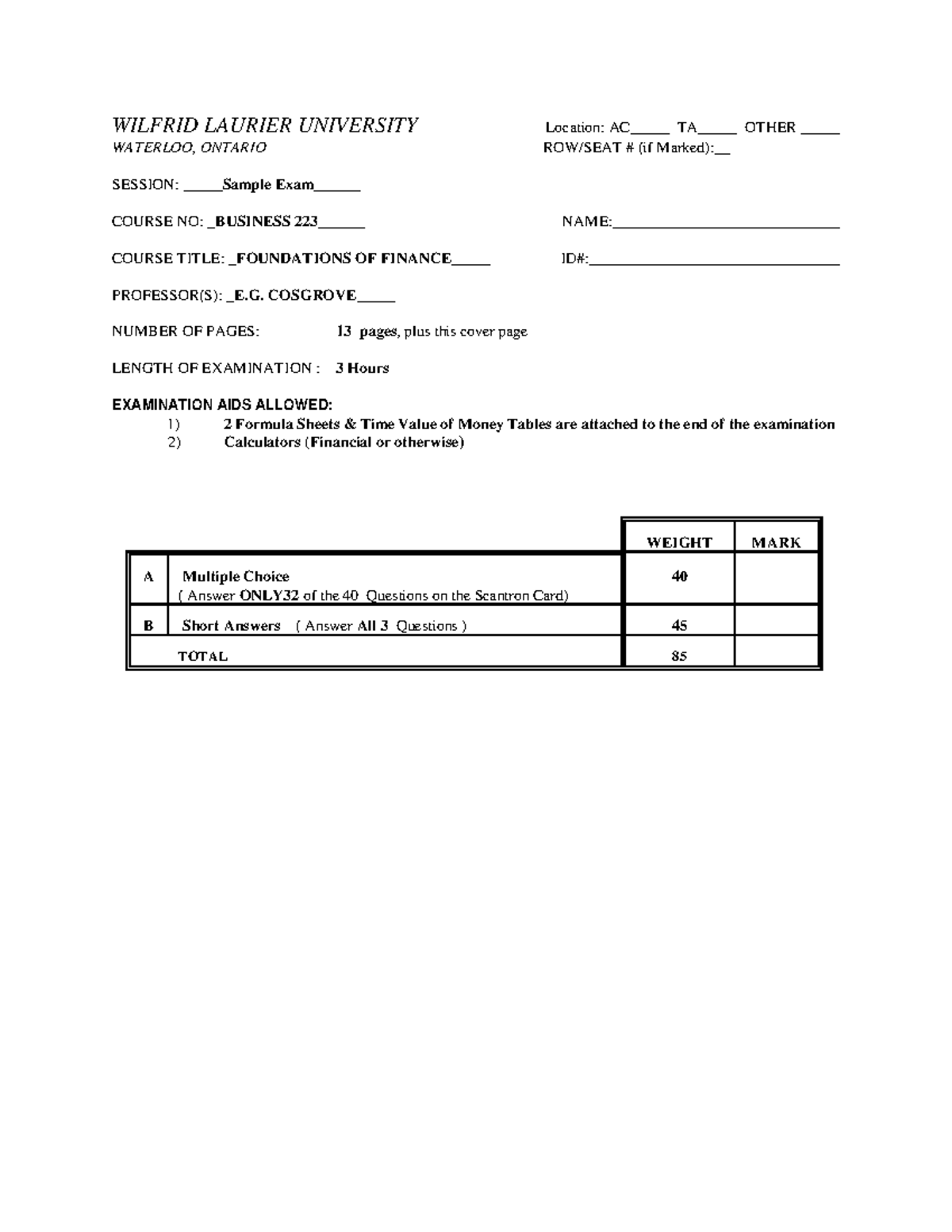Business 223 sample final examination guide and instructions - Studocu