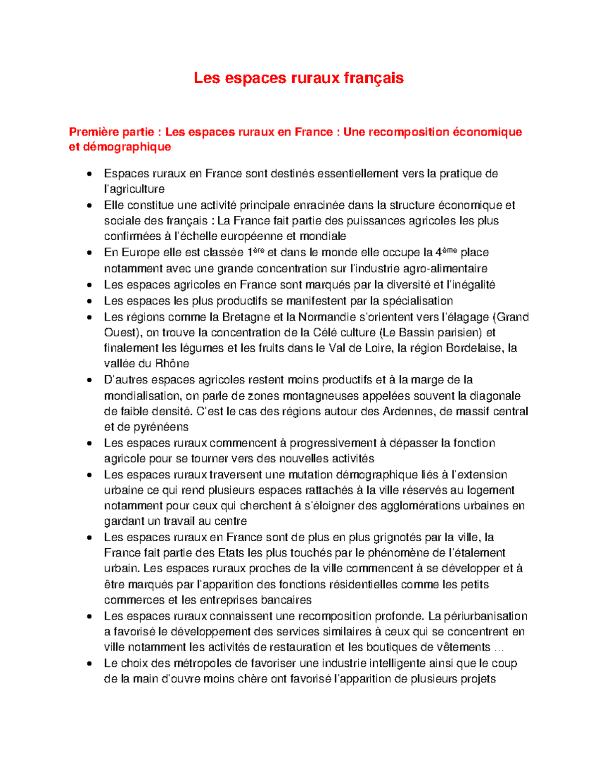Espaces Ruraux en France : Économie et Démographie (Partie 1) - Studocu