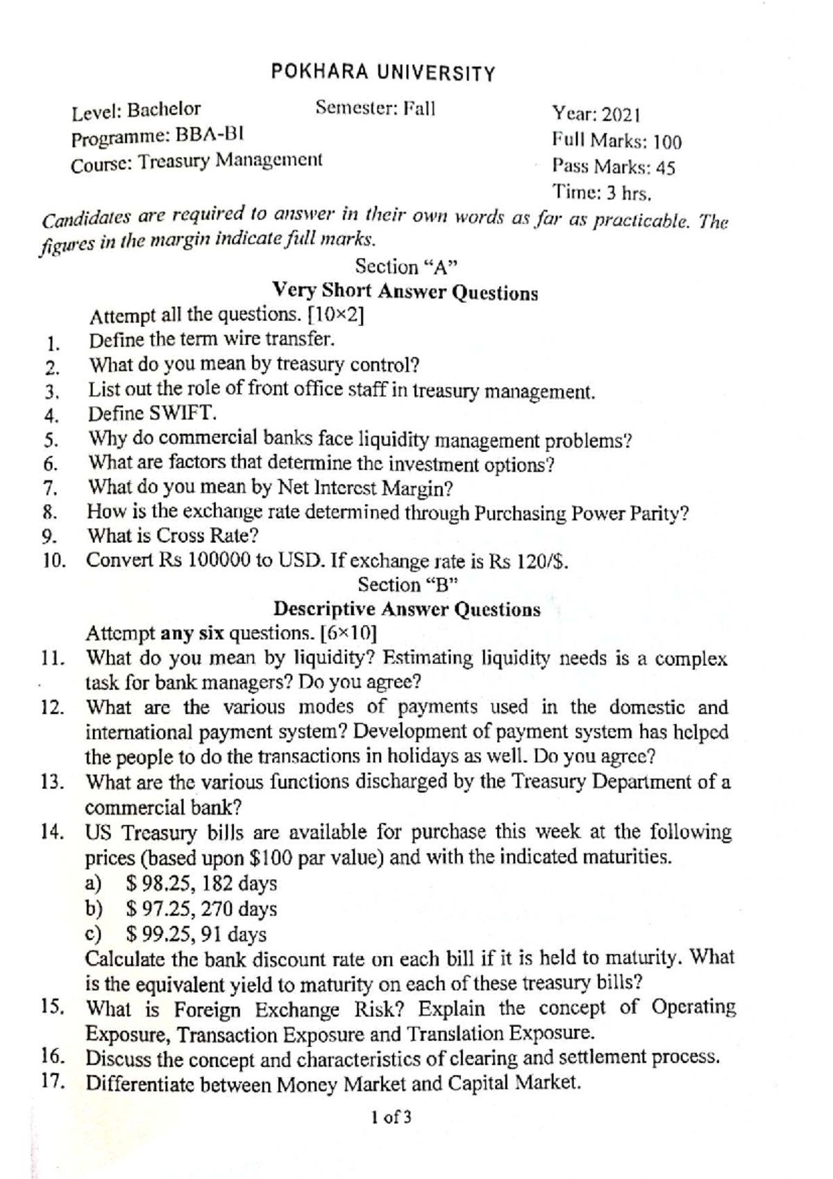 Treasury Management Exam Notes BBA-BI-2021 Fall Semester - Studocu