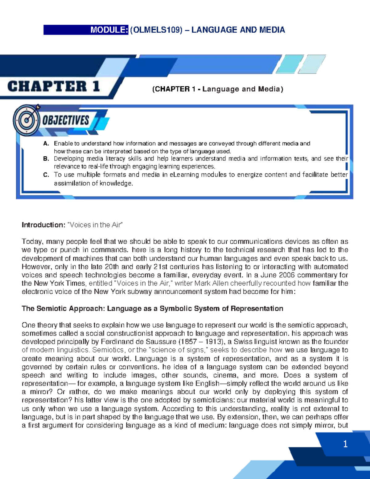 MODULE: (OLMELS109) LANGUAGE AND MEDIA - Chapter 1 Lecture Notes - Studocu