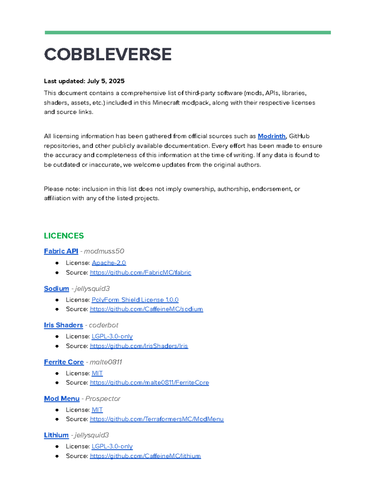 COBBLEVERSE: Comprehensive List of Third-Party Licenses - Studocu