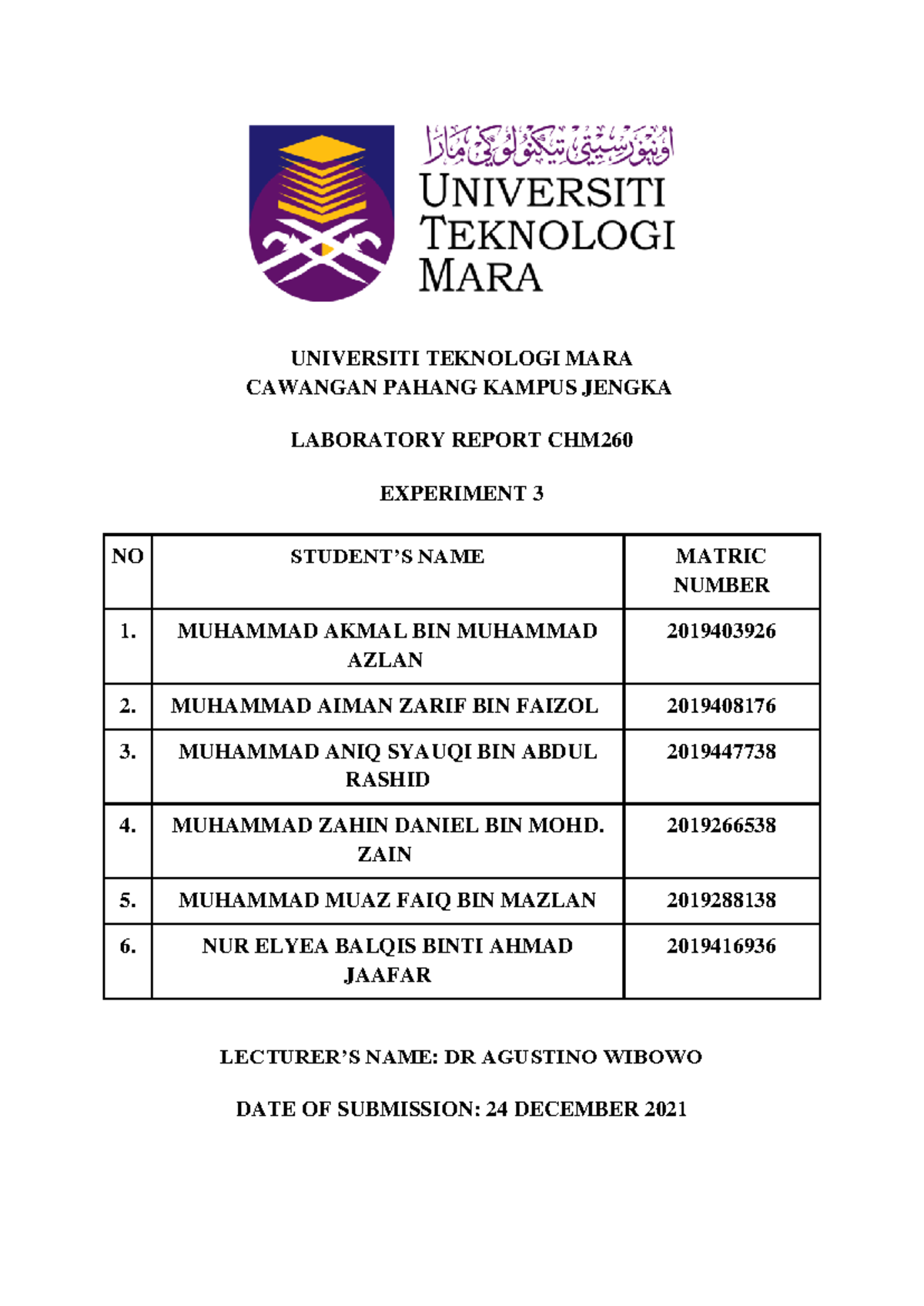 LAB Report for Experiment 3: FTIR Analysis - CHM260 - Studocu