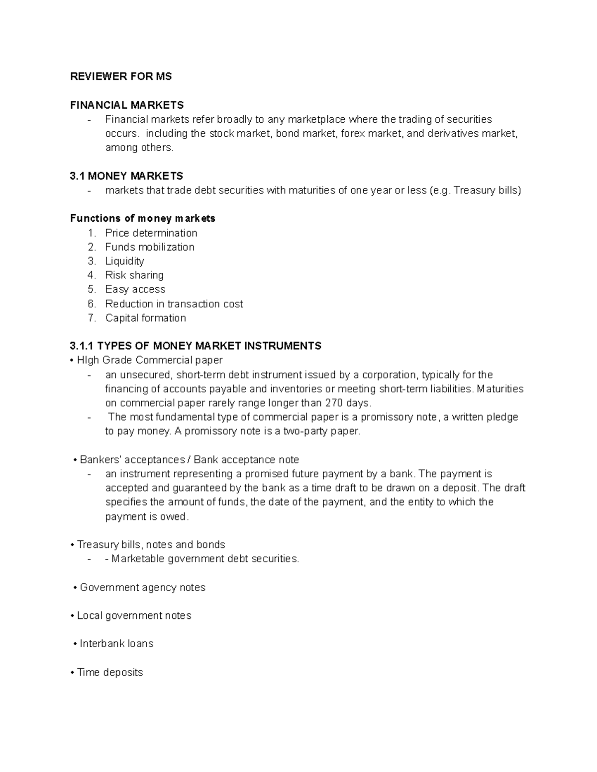 REVIEWER FOR MS FINANCIAL MARKETS: MONEY MARKETS & INSTRUMENTS - Studocu