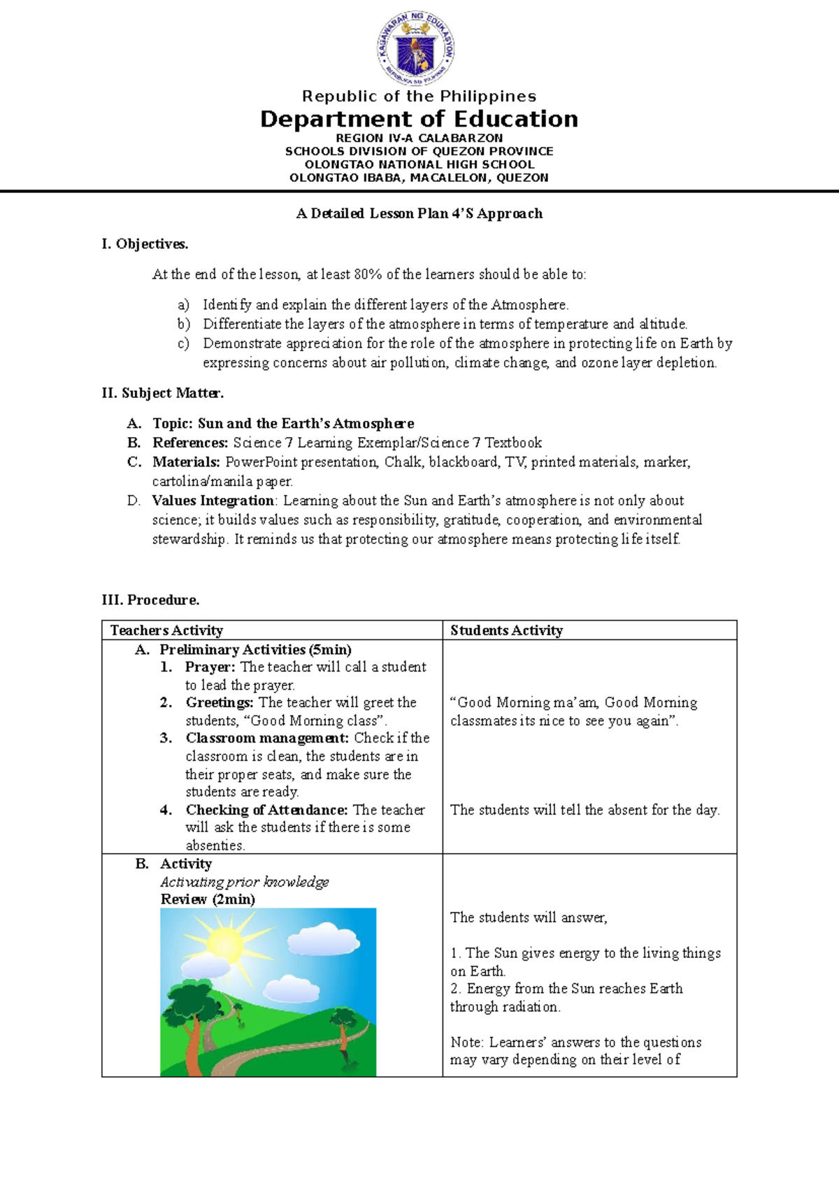 Science 7 Lesson Plan: Understanding the Atmosphere Layers - Studocu