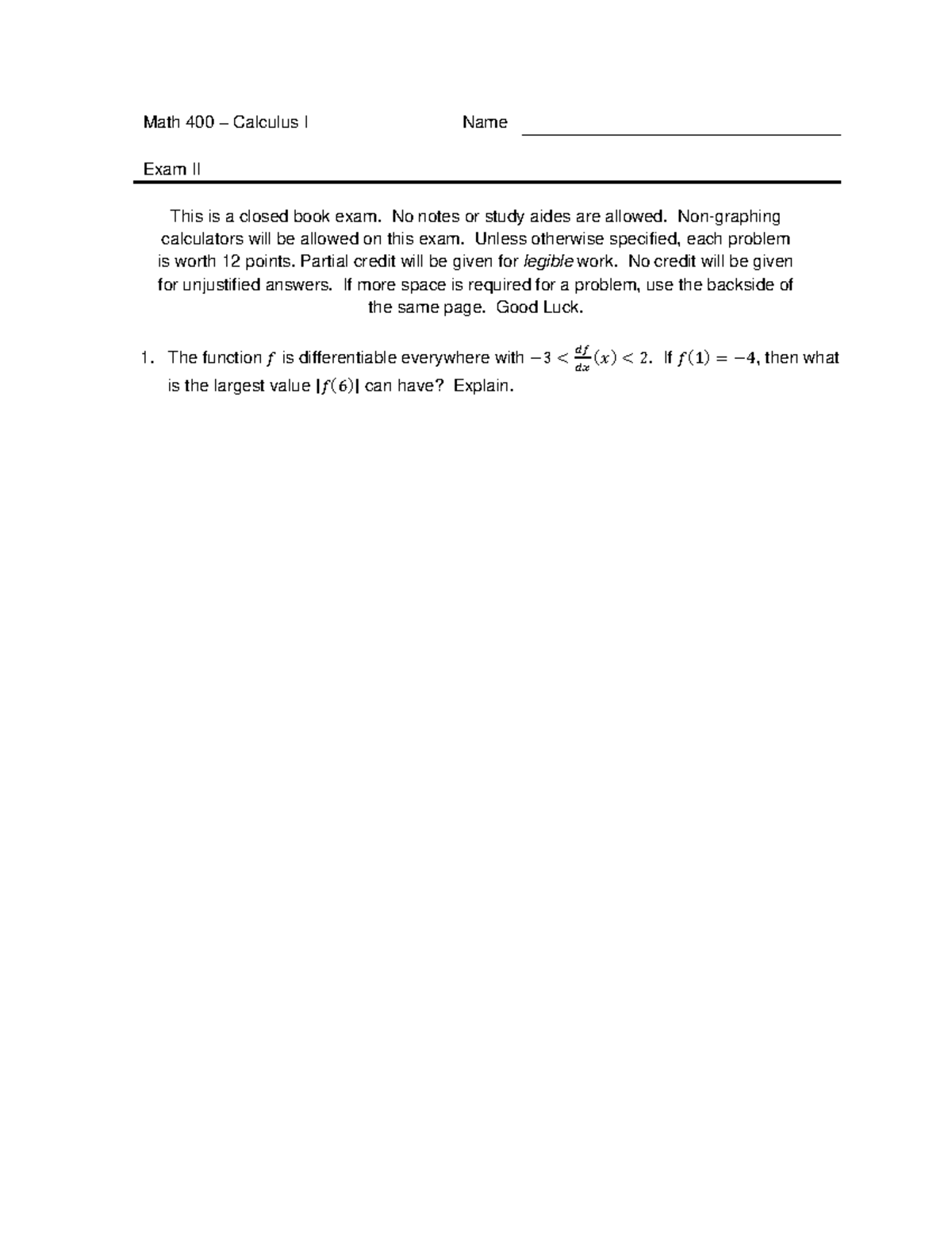 Math 400 – Calculus I Exam II - Studocu