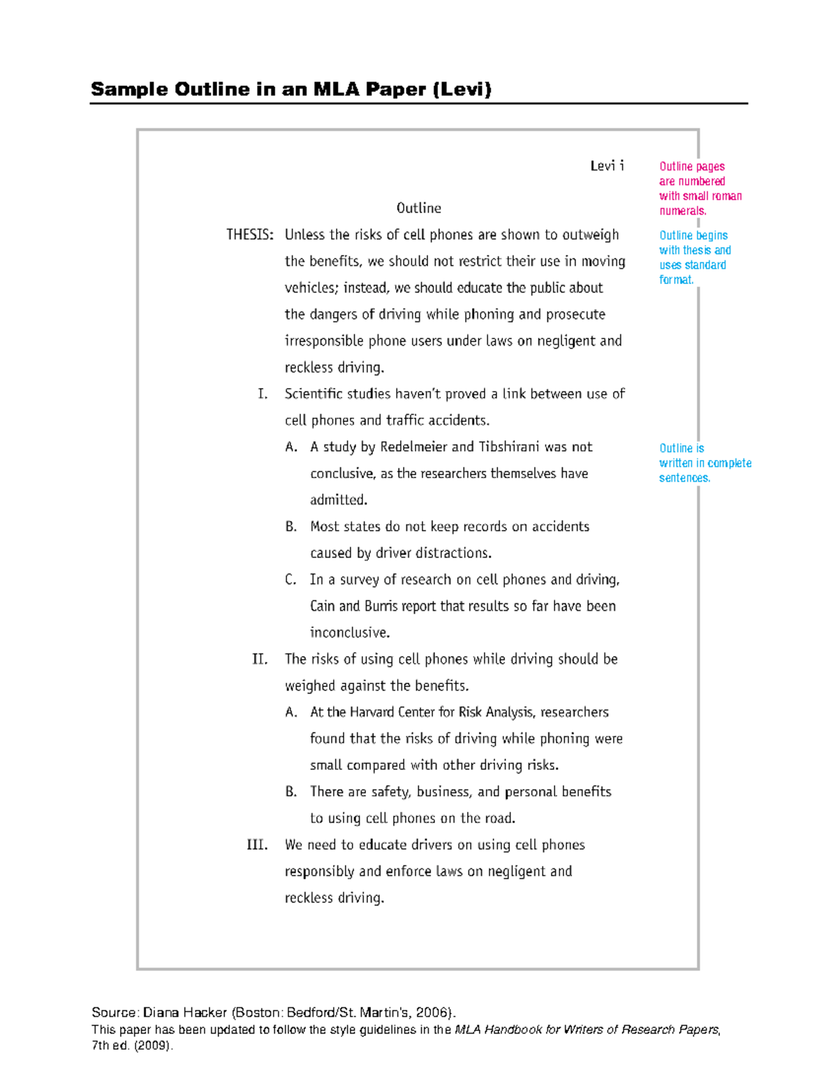MLA Outline Sample Format Only - EAP 1640C - Outline pages are numbered ...