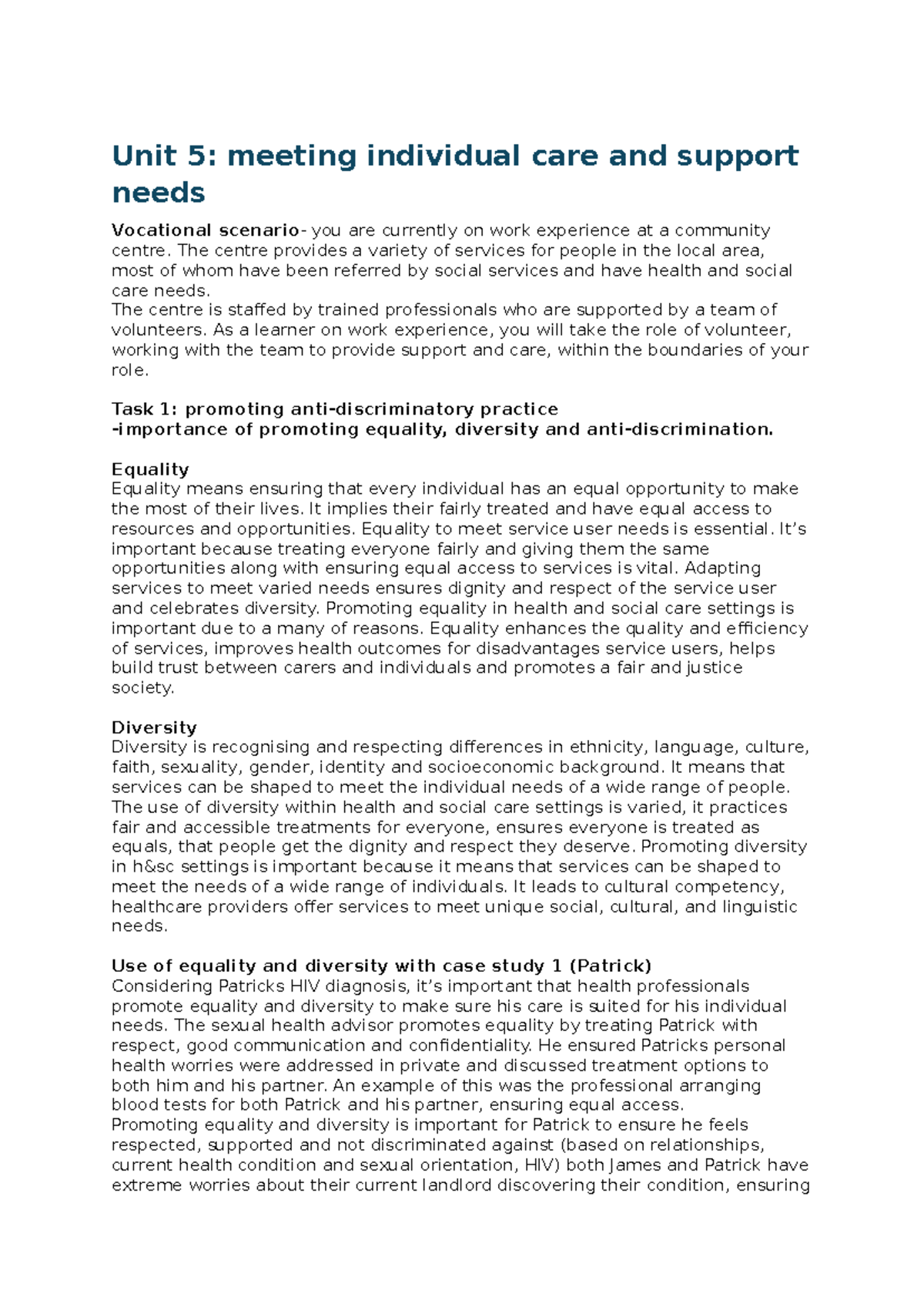 Unit 5 Coursework: Meeting Individual Care & Support Needs in H&SC ...