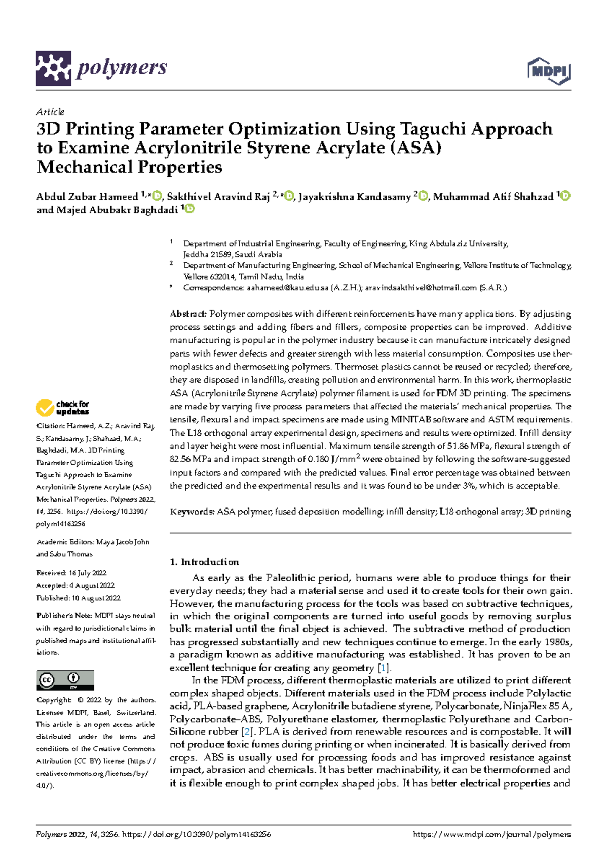 Polymers 3D Printing Parameter Optimization: Taguchi Method for ASA ...