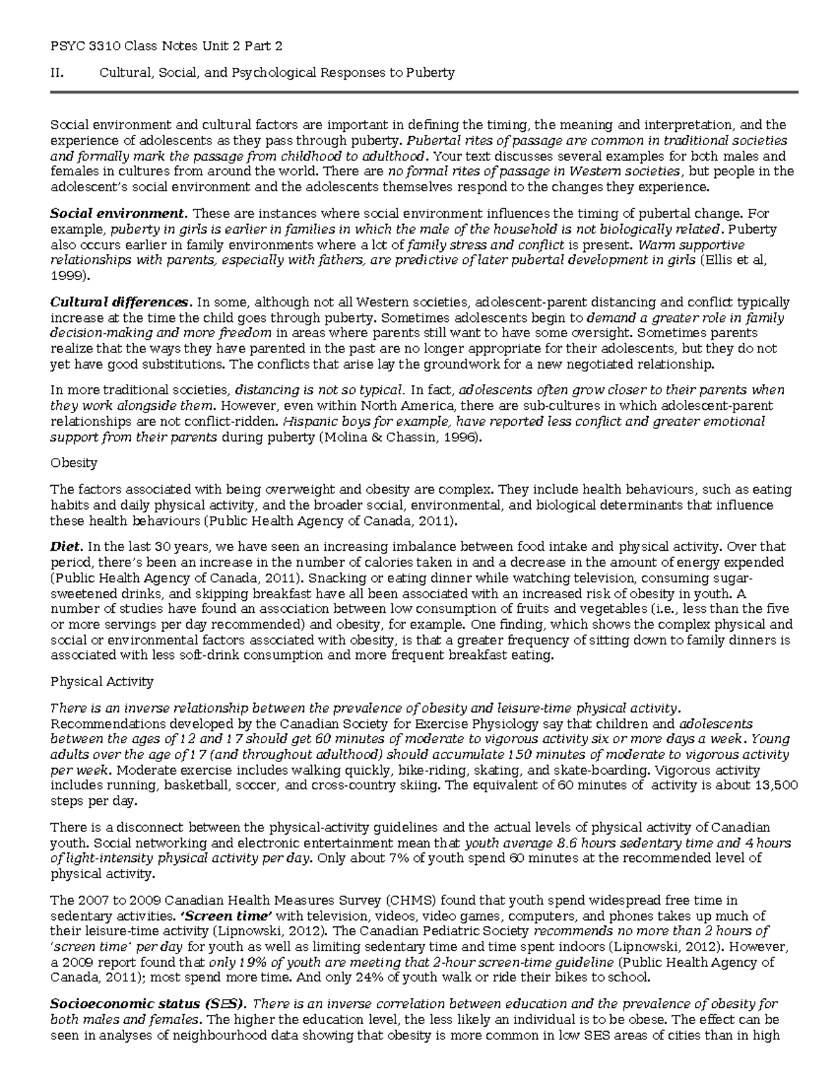PSYC 3310 Class Notes: Cultural and Social Influences on Puberty - Studocu