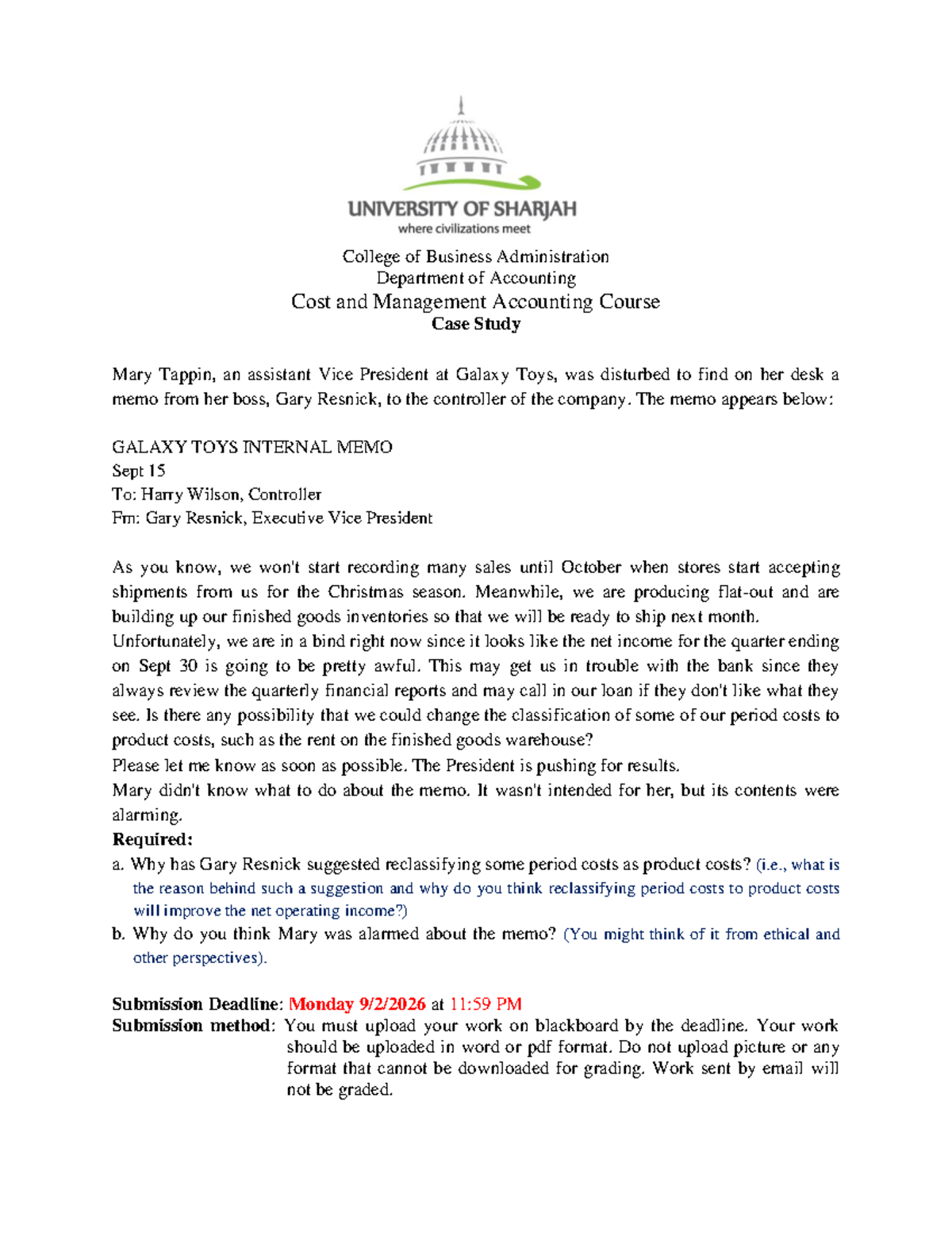 Cost and Management Accounting Case Study: Galaxy Toys Memo Analysis ...