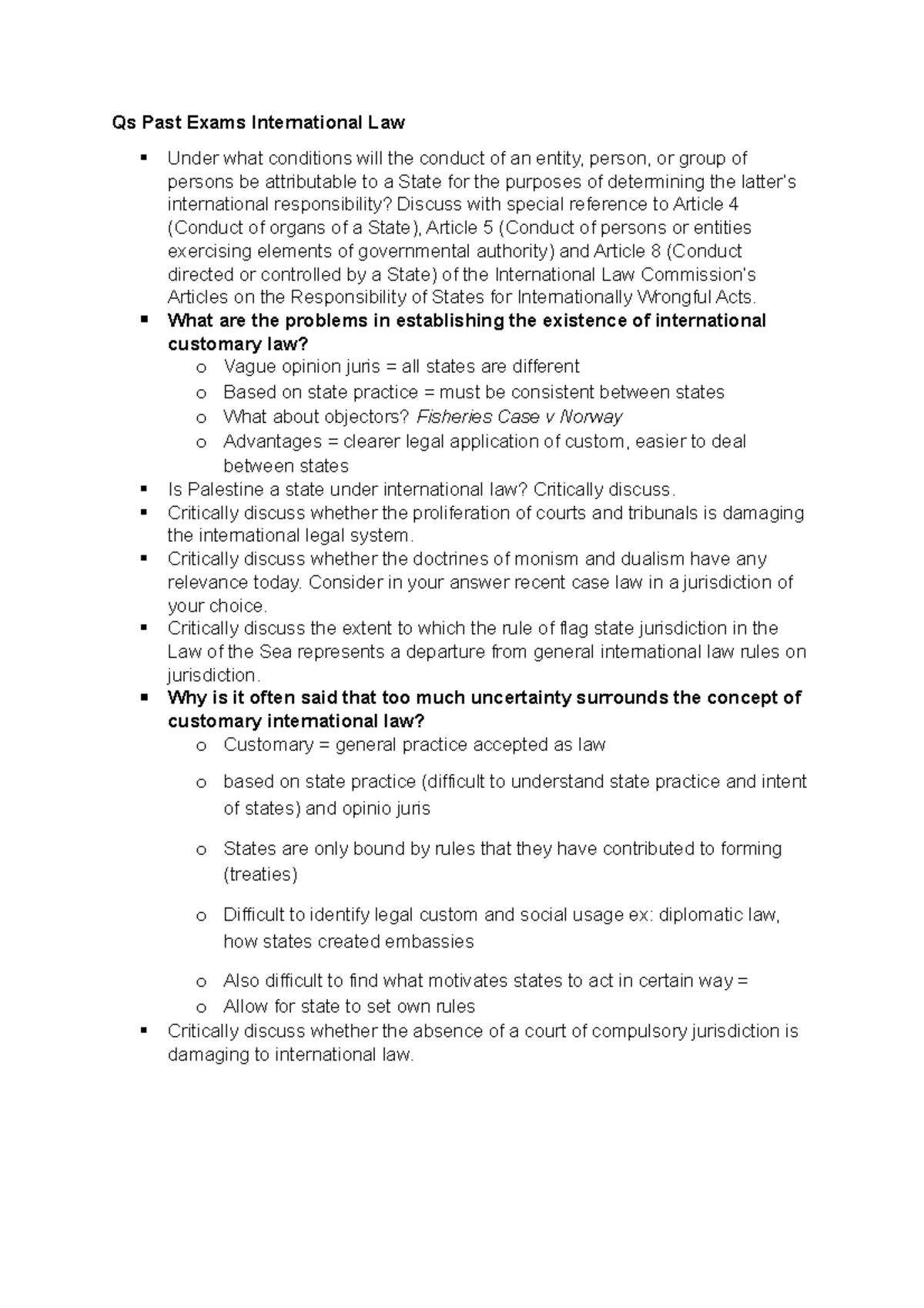 Past Exams questions INTERNATIONAL LAW - Qs Past Exams International ...