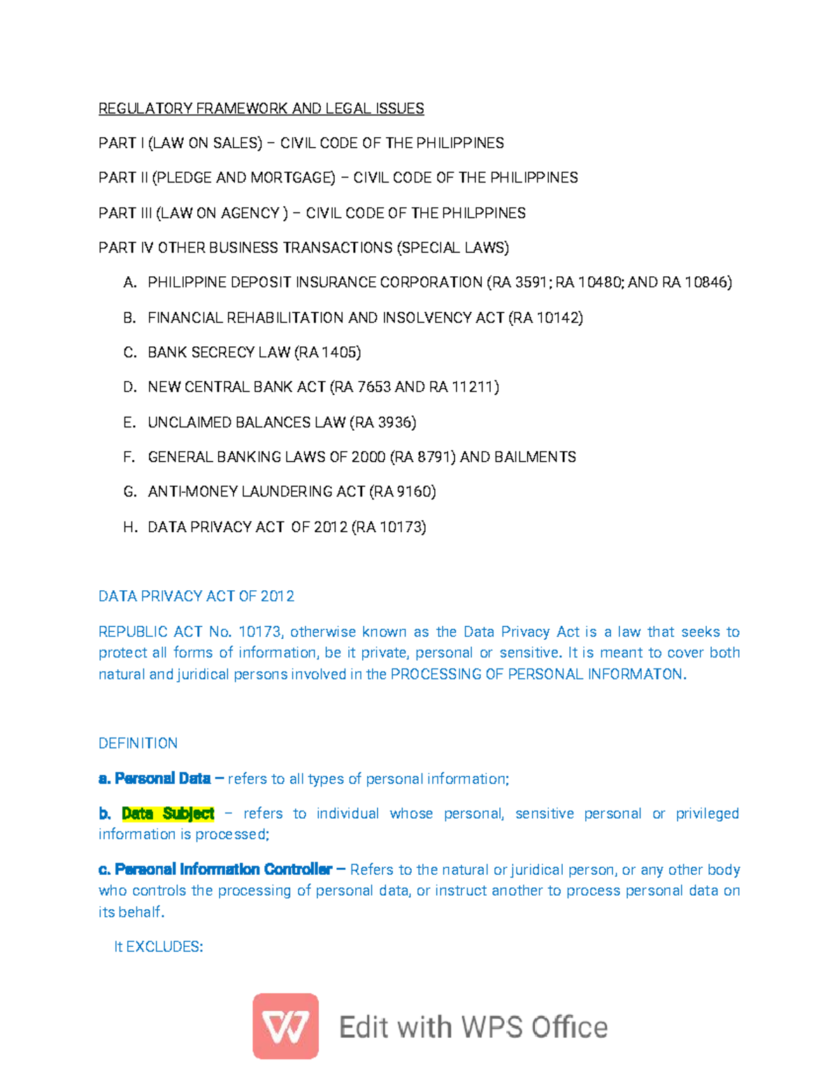 LAW ON SALES & DATA PRIVACY ACT (RA 10173) - REGULATORY FRAMEWORK PART ...