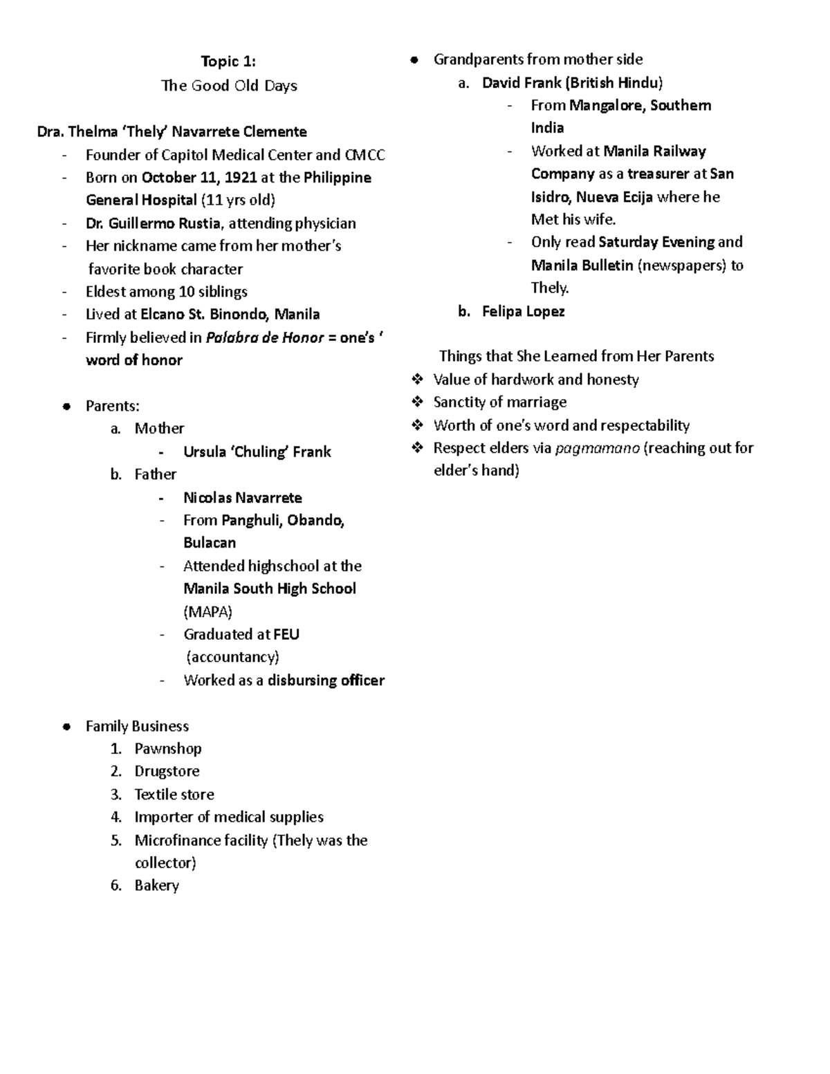 CIC 20 Topics: The Life and Legacy of Dr. Thely Clemente - Studocu