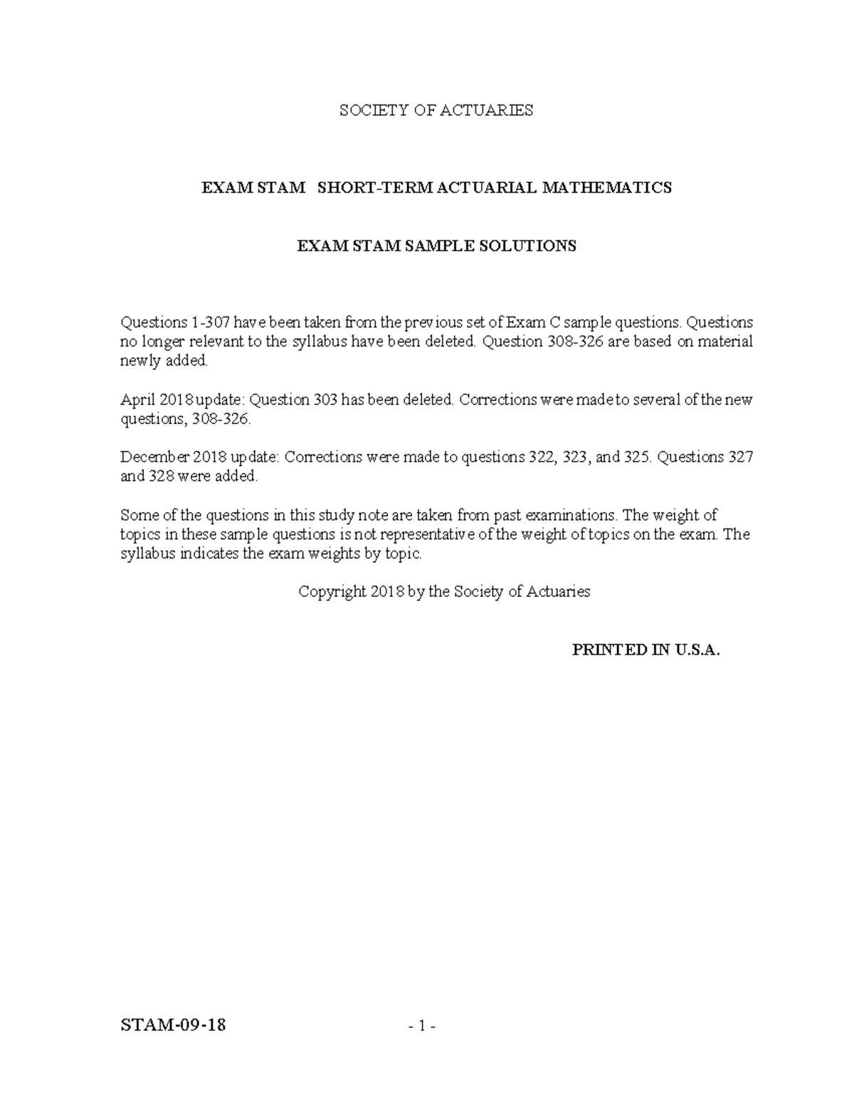 2018 STAM Exam Sample Solutions: Actuarial Mathematics Insights - Studocu