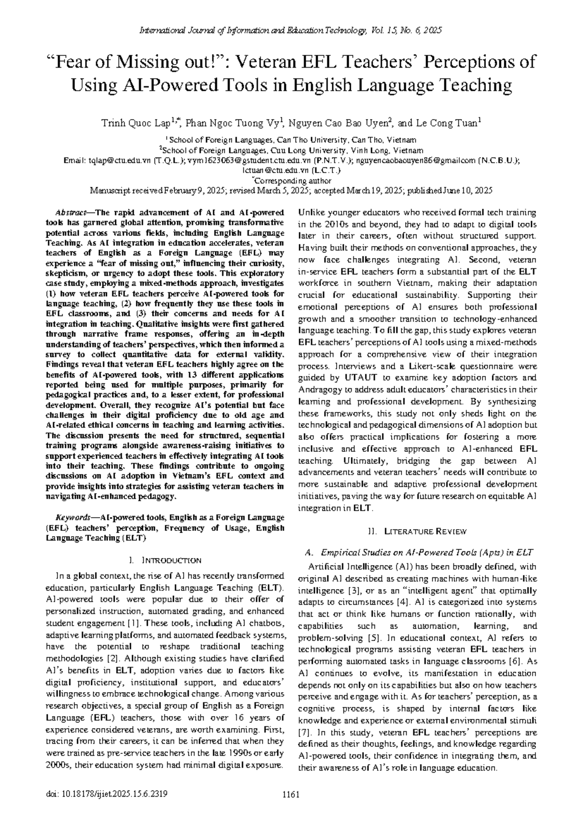 EFL Veteran Teachers' Perceptions of AI Tools in ELT: A Case Study ...