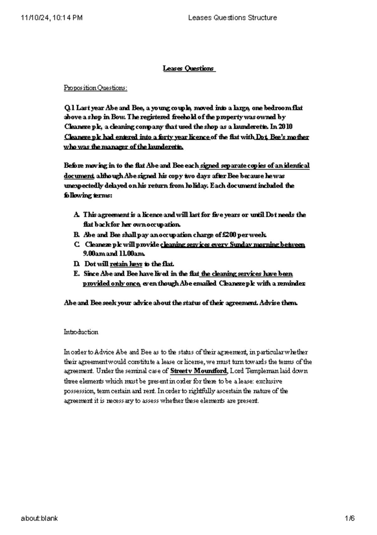Leases Questions Structure: Analyzing License vs Lease Agreements - Studocu