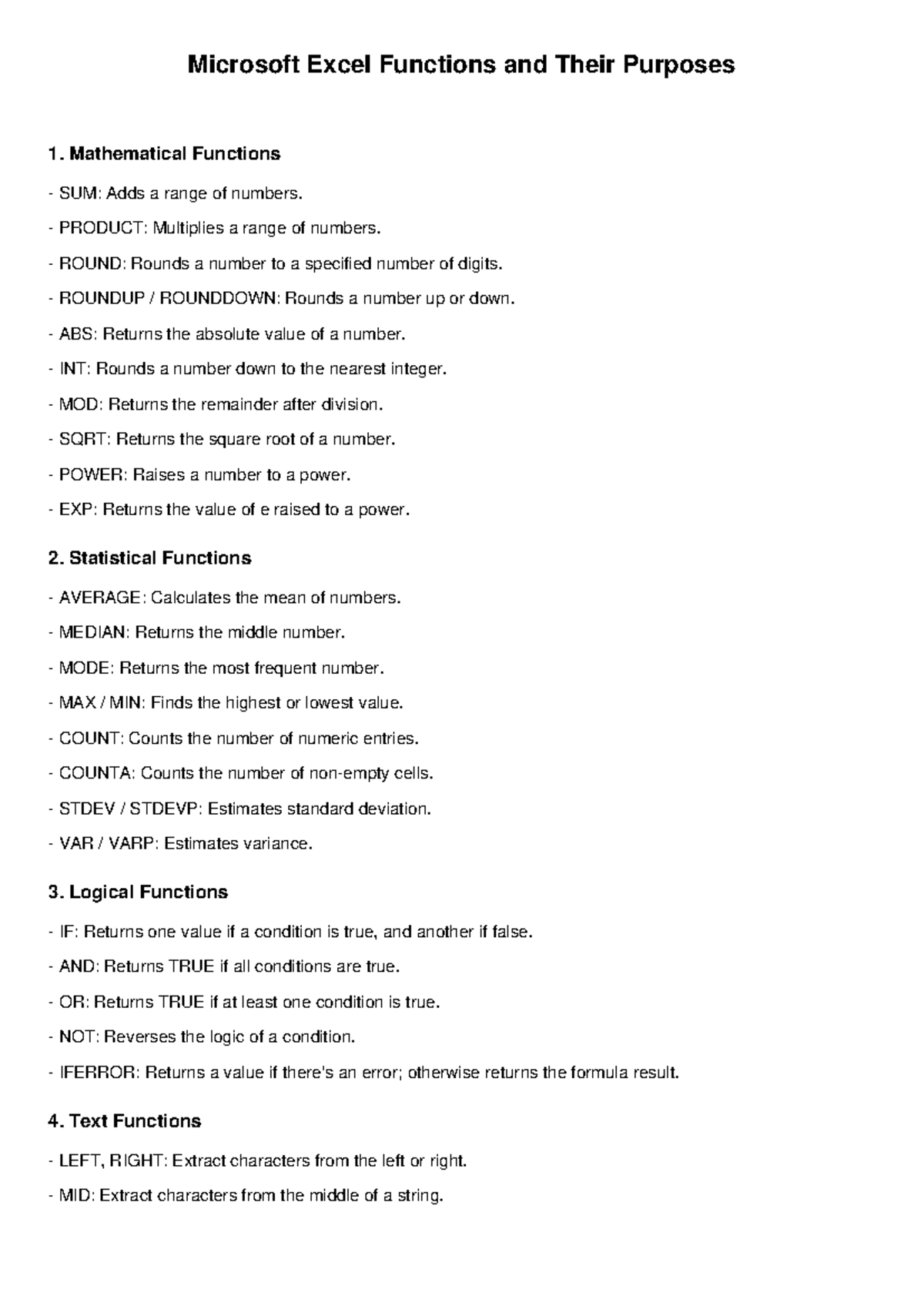 Excel Functions and Their Purposes: A Comprehensive Guide - Studocu