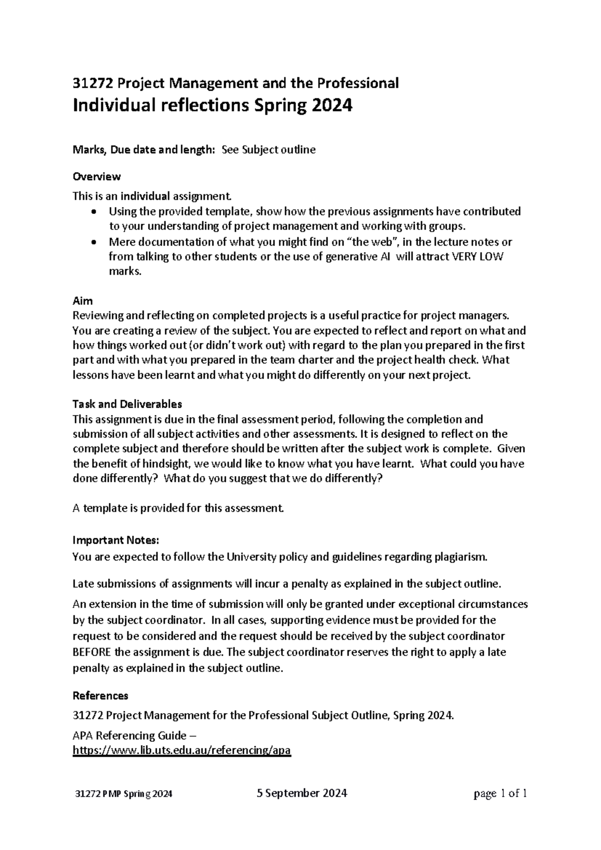 31272 PMP Individual Reflection Assignment Guidelines - Spring 2024 ...