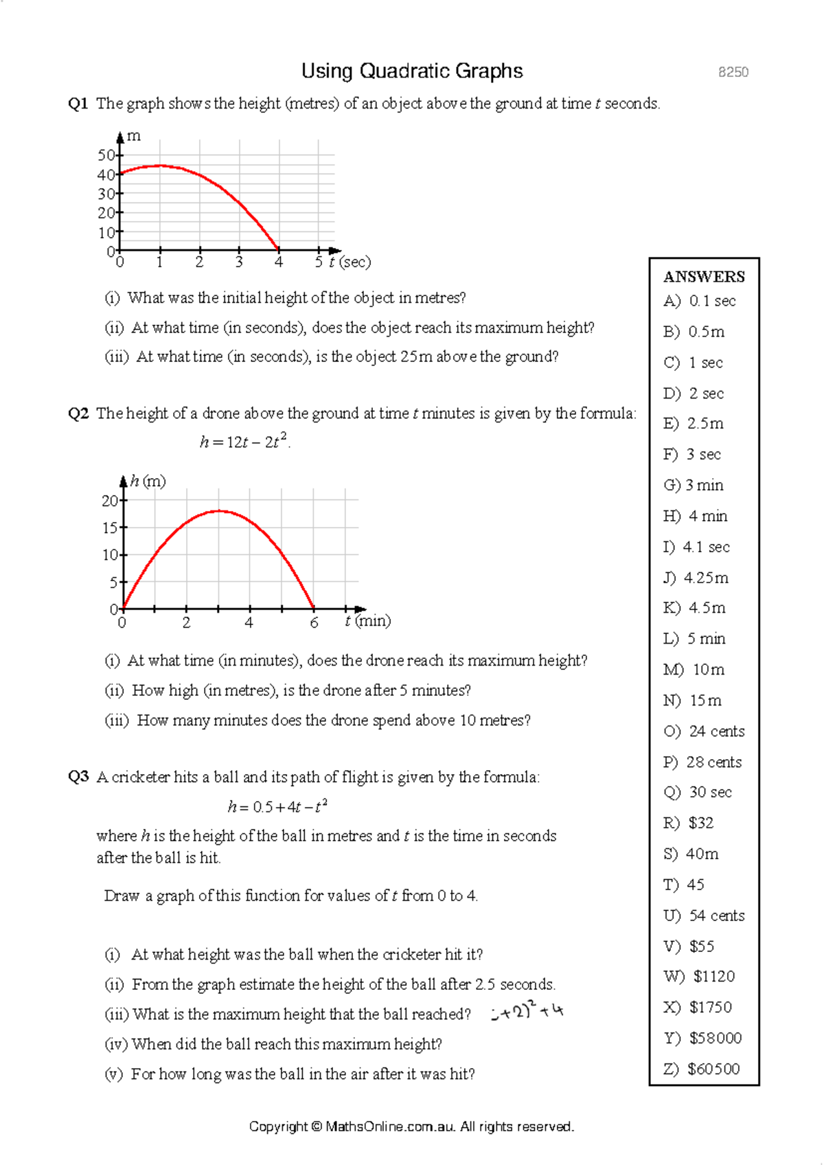 (Maths Online) Using Quadratic Graphs - Q1 The graph shows the height ...