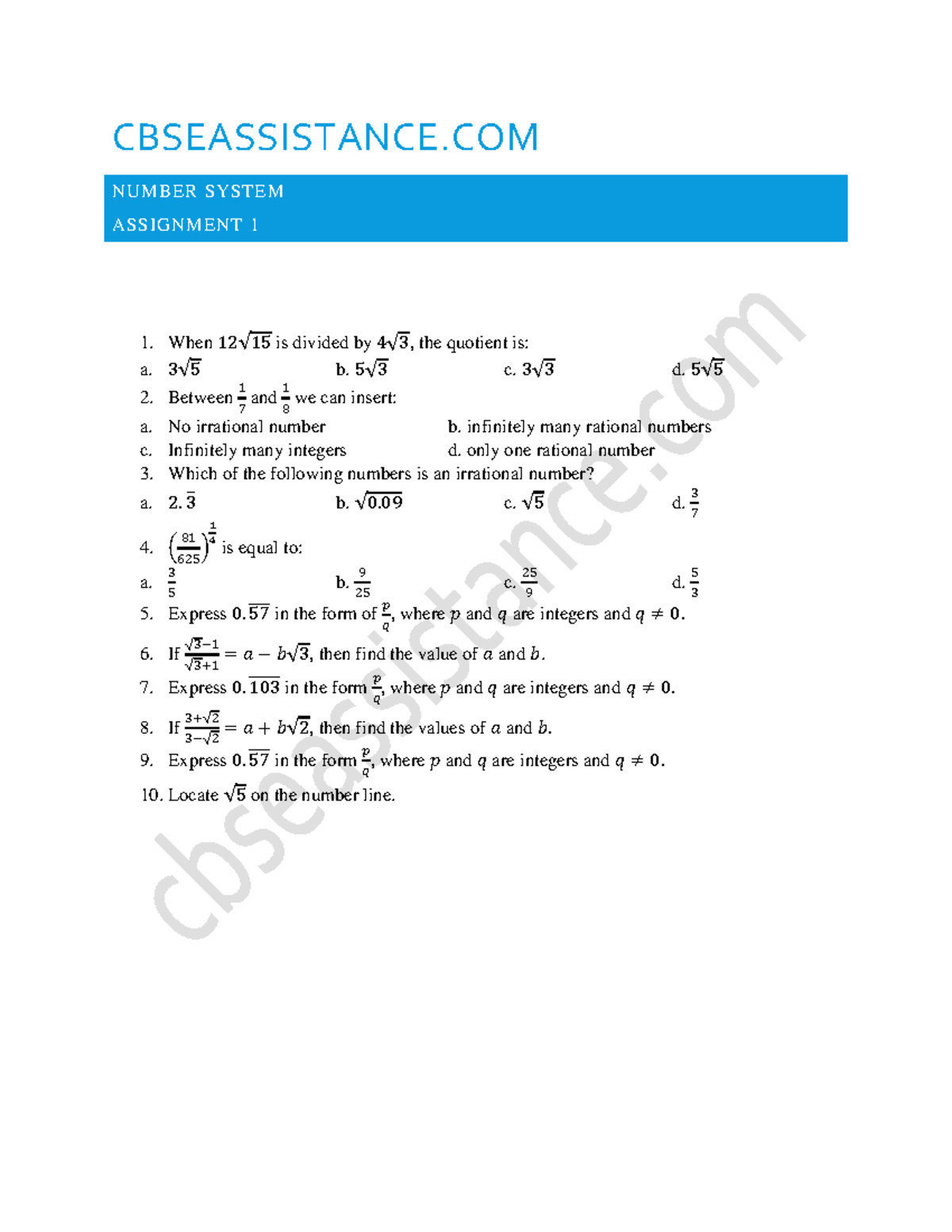 Number-system-assignment-1 - CBSEASSISTANCE NUMBER SYSTEM ASSIGNMENT 1 ...
