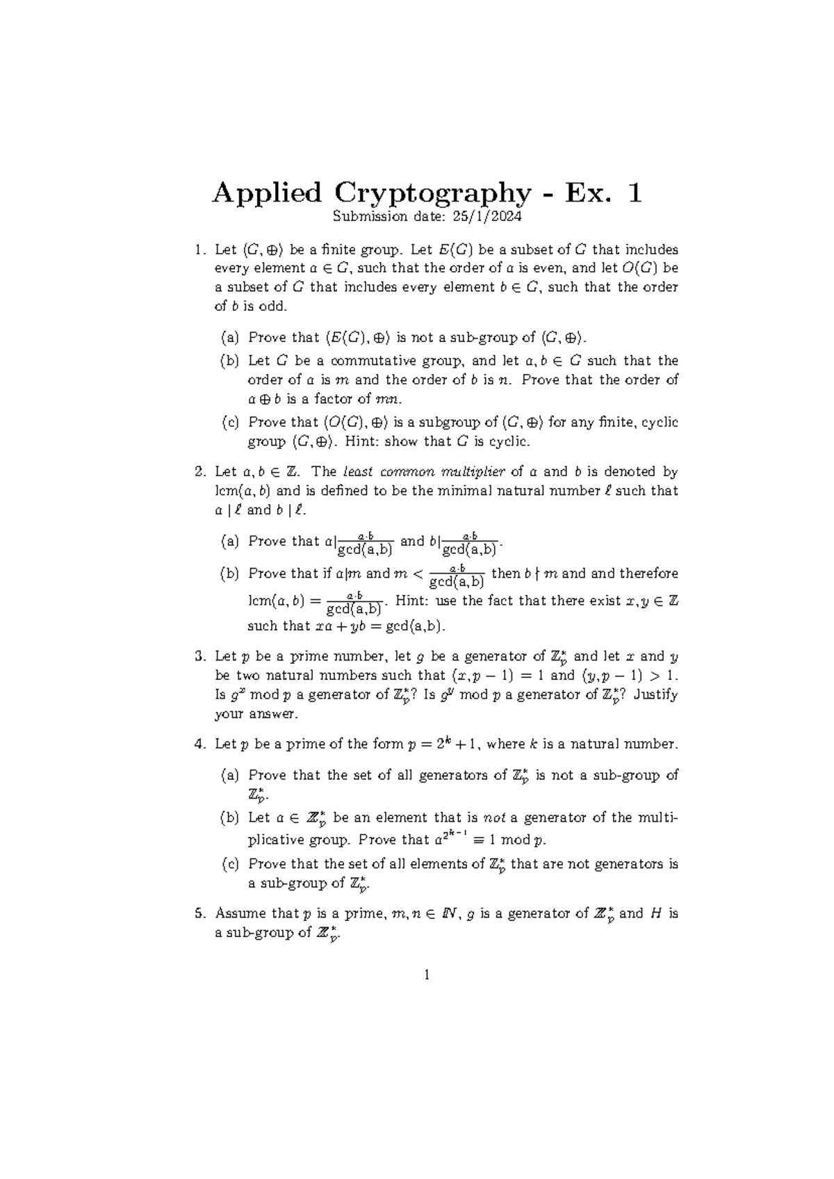 Applied Cryptography - Ex1: Group Theory and Subgroup Proofs - Studocu