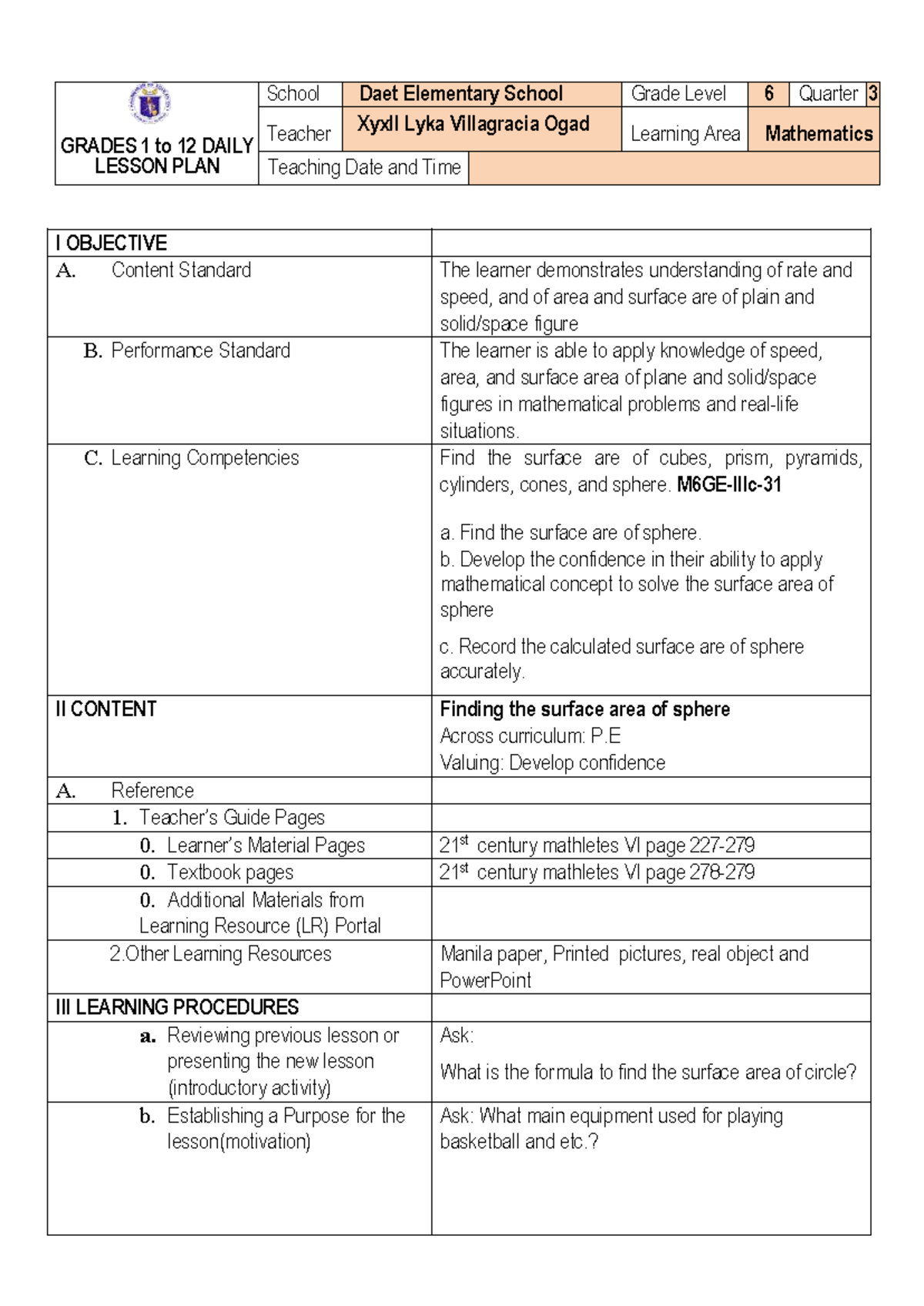 Daily Lesson Plan in Math: Surface Area of Sphere (Grade 6) - Studocu