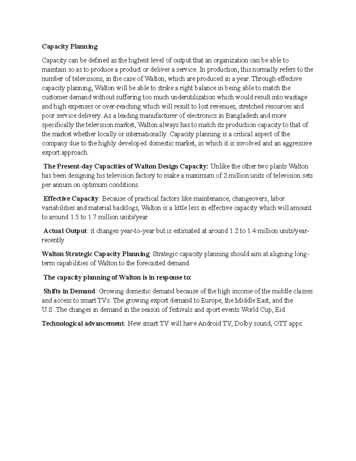 Capacity Planning for Walton Electronics: Strategies & Insights - Studocu
