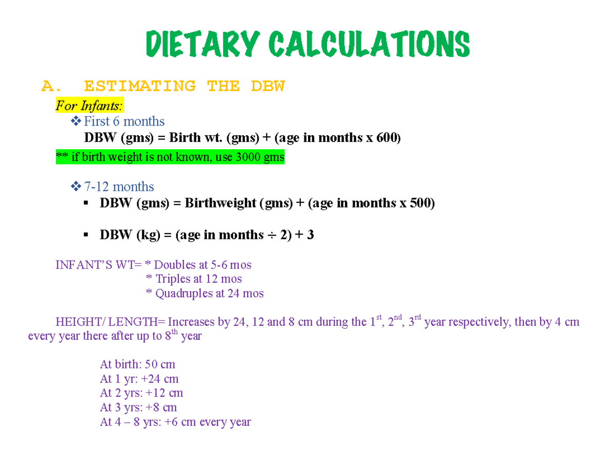 Dietary Calculations - DIETARY CALCULATIONS A. ESTIMATING THE DBW For ...