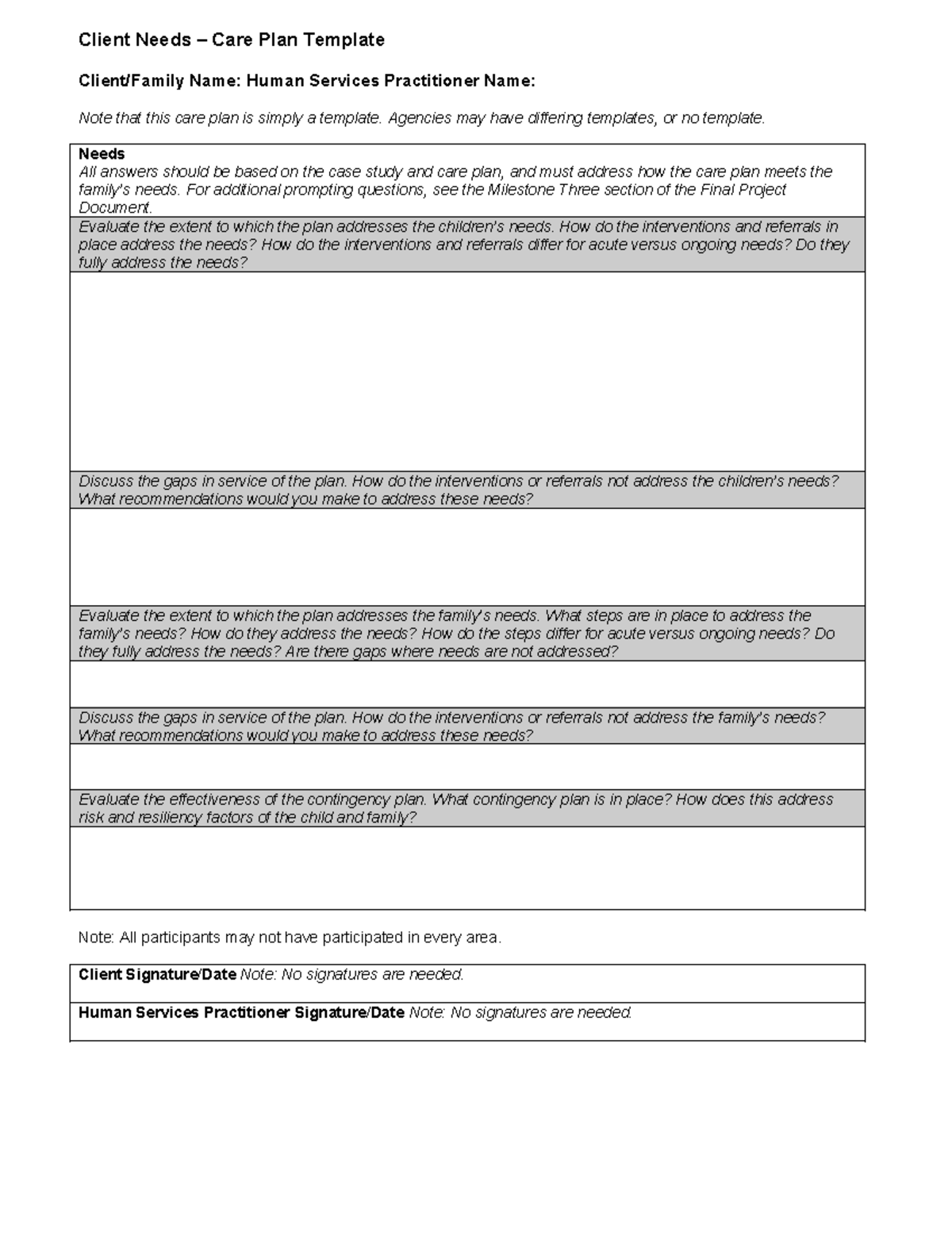 HSE 315 Final Project Client Needs Care Plan Template Guide - Studocu
